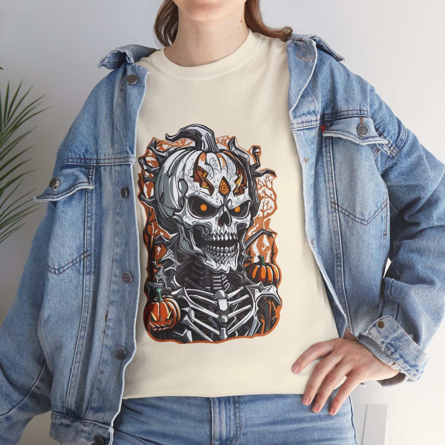 Halloween Skeleton Shirt with spooky skull and pumpkin design.