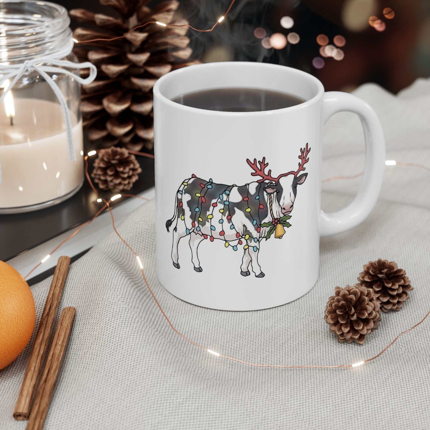 Cute Cow Christmas Lights Mugs, Cow Animal Lover Gift