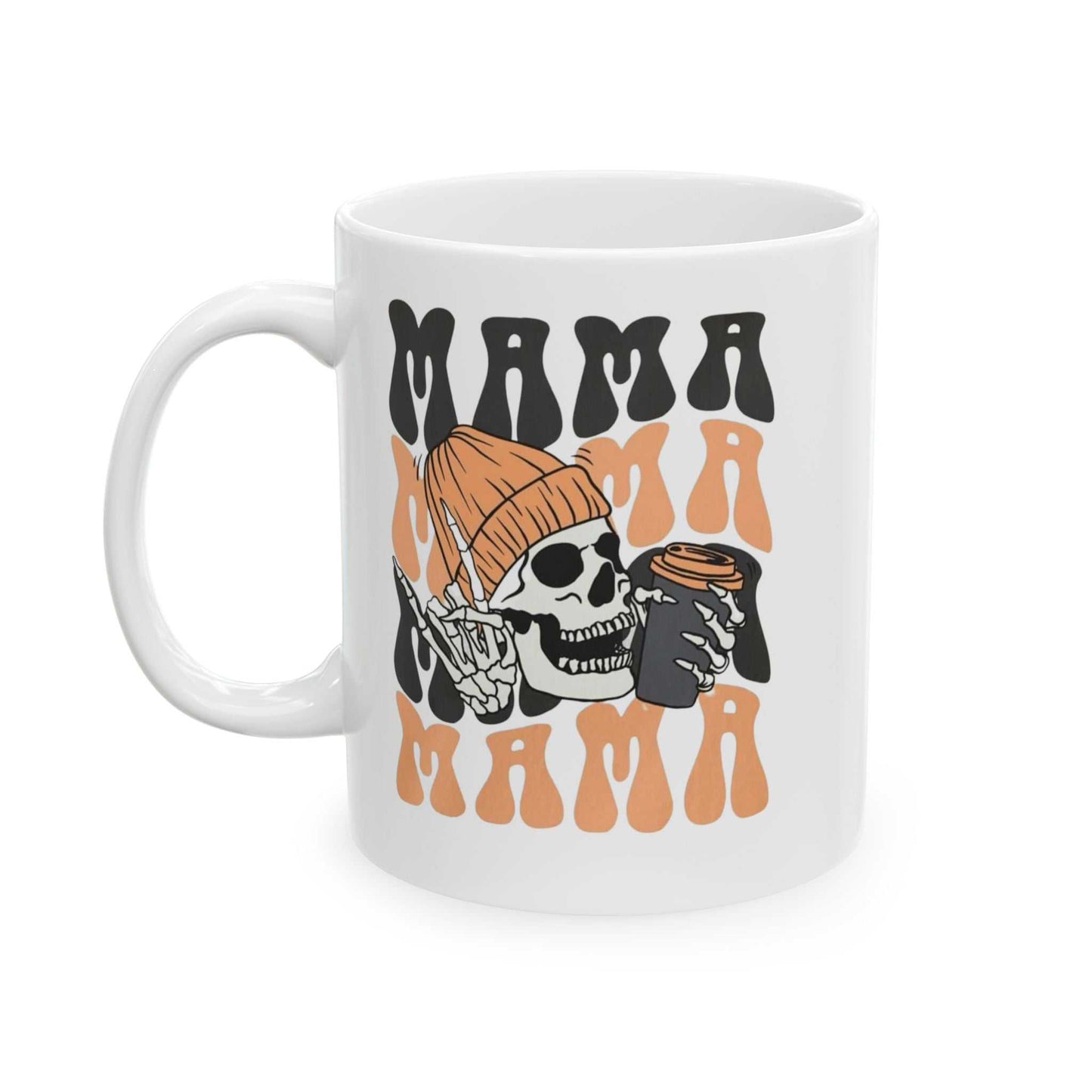 Mama Coffee Halloween Mug with skeleton design, BPA-free ceramic, 11oz and 15oz sizes.