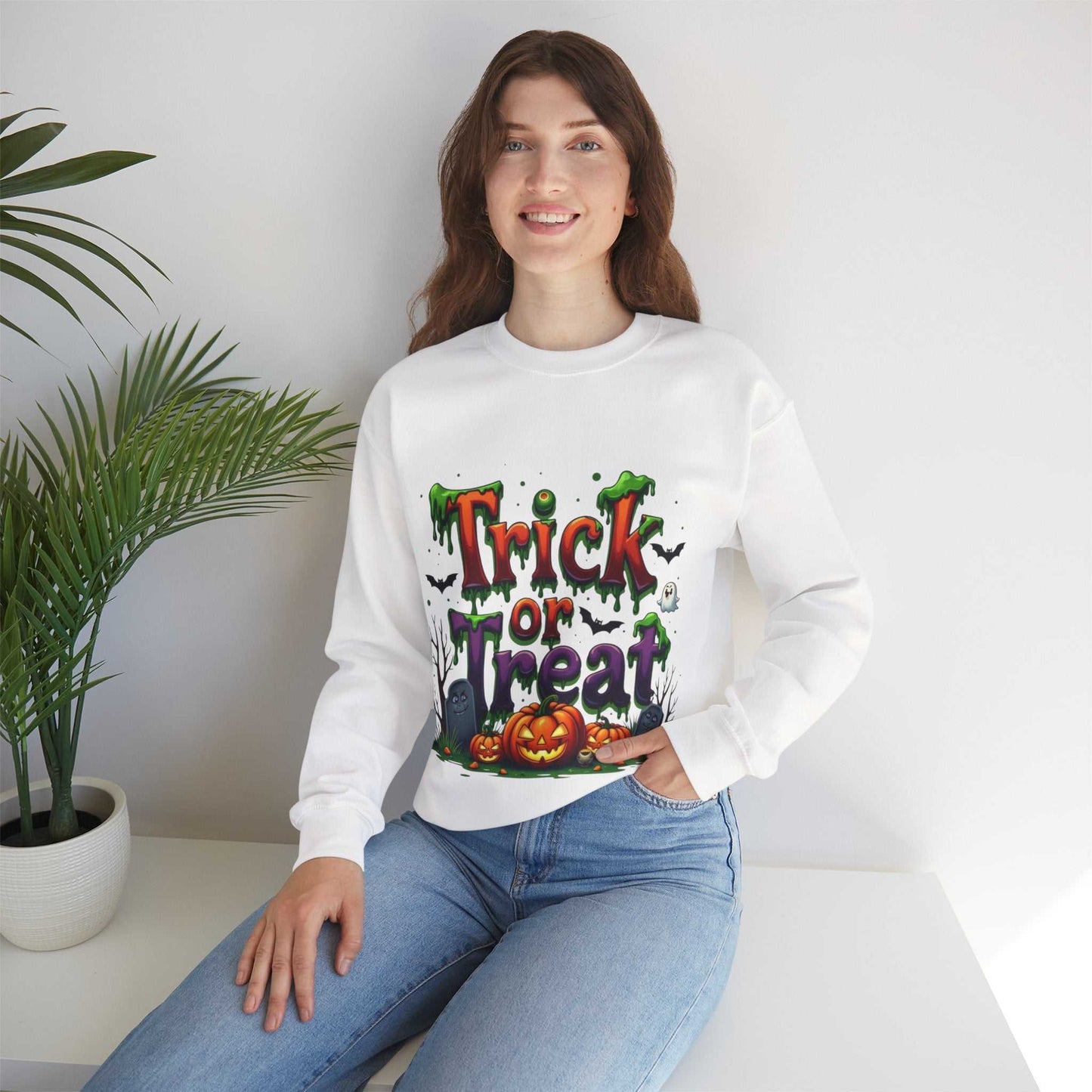Halloween Trick or Treat Sweatshirt, Cozy Fall Apparel, Gift for Halloween Lovers