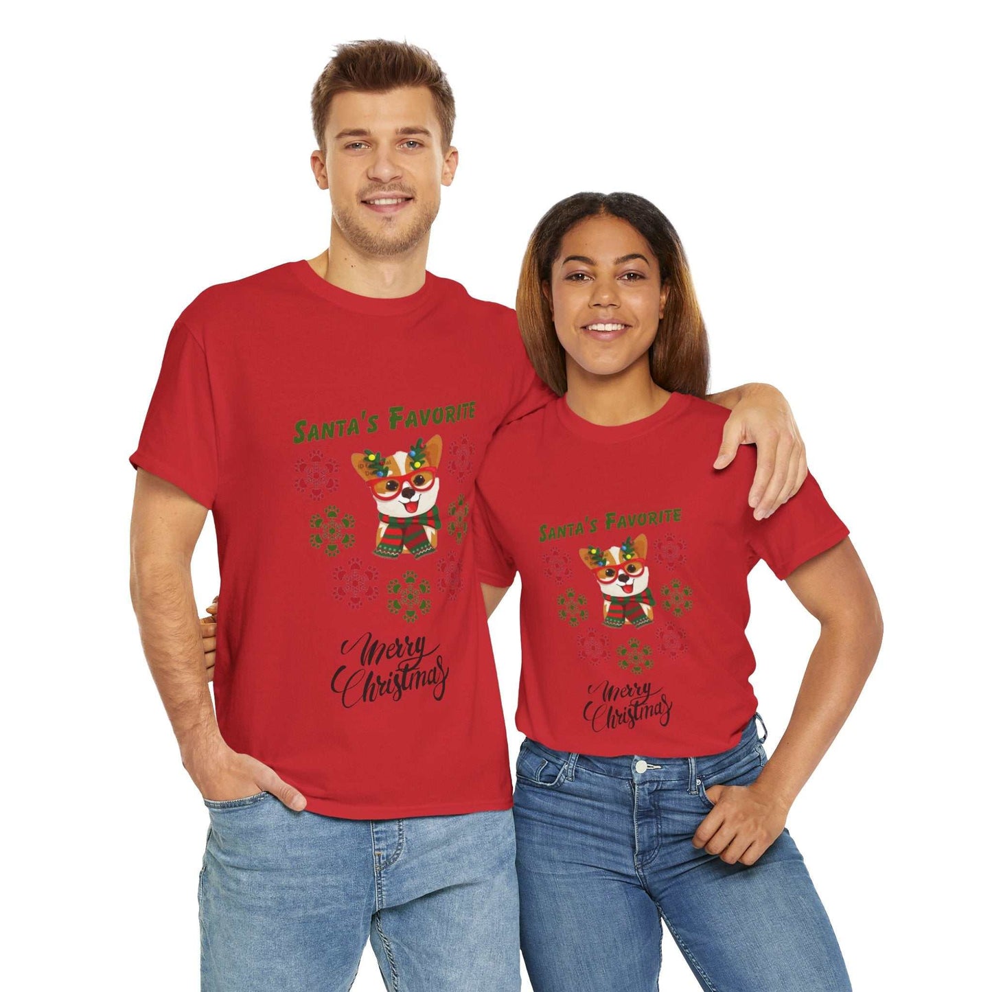 Festive red "Santa's Favorite Dog" shirt worn by a couple, featuring a playful holiday design, perfect Christmas dog gift.