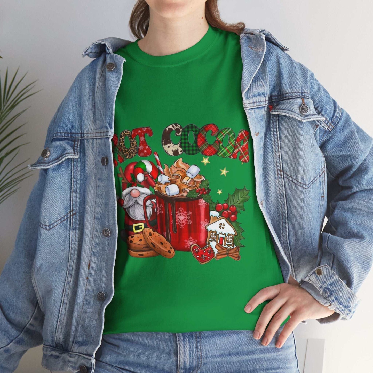 Green Hot Cocoa Christmas Movies Shirt with festive gnome and gingerbread design.