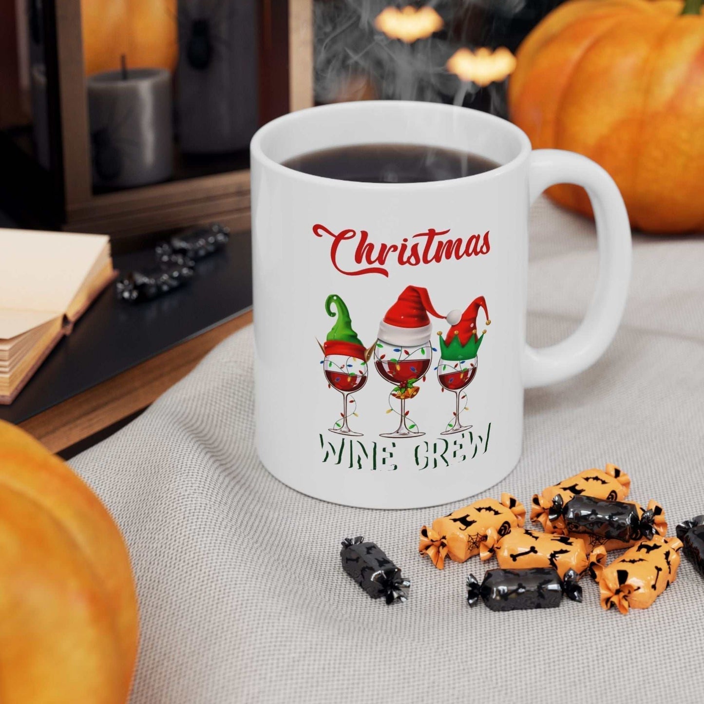 Christmas Wine Crew Mugs, festive gift for wine lovers with holiday-themed design.