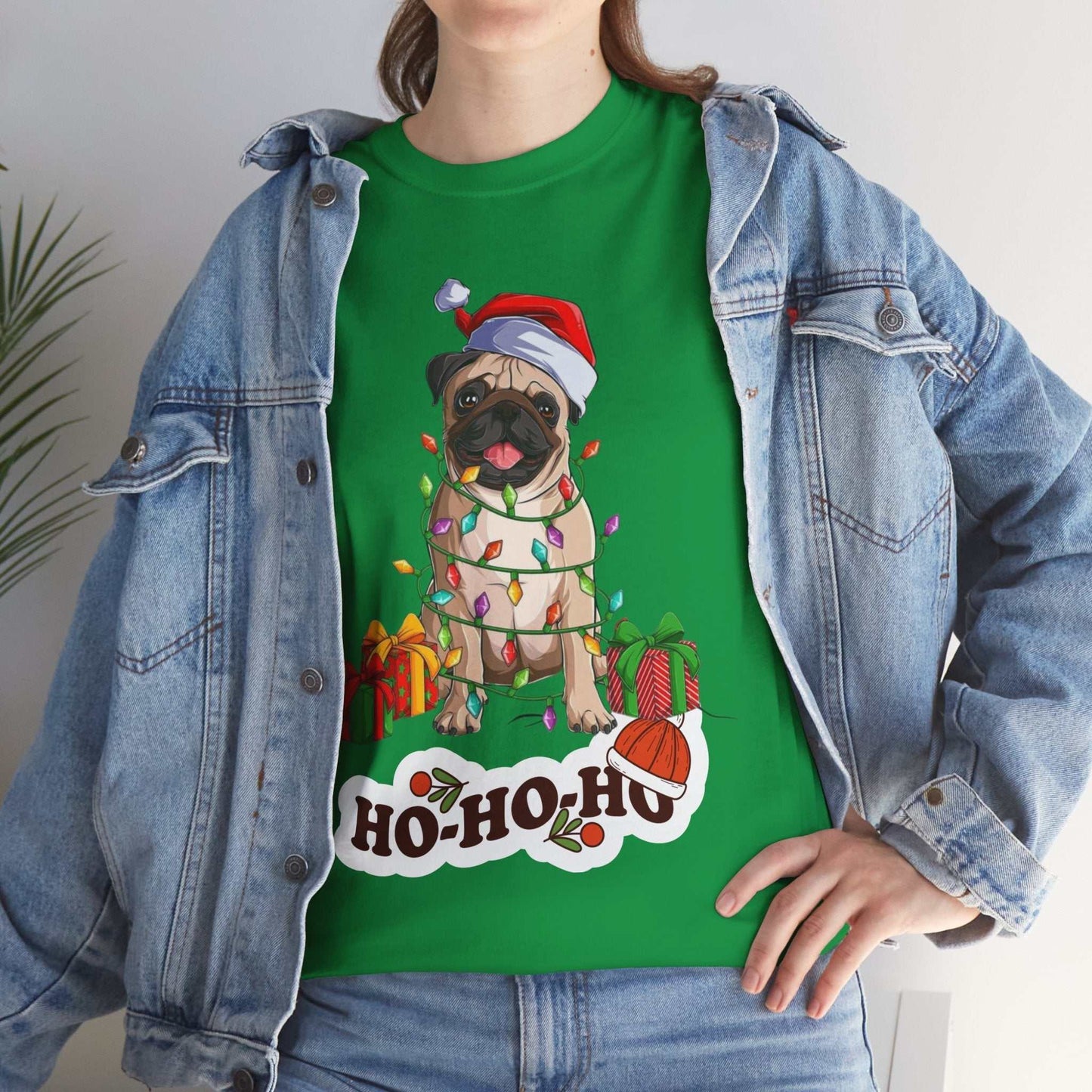 Cute Christmas dog shirt featuring pug with Santa hat and festive lights, ideal for dog lovers.