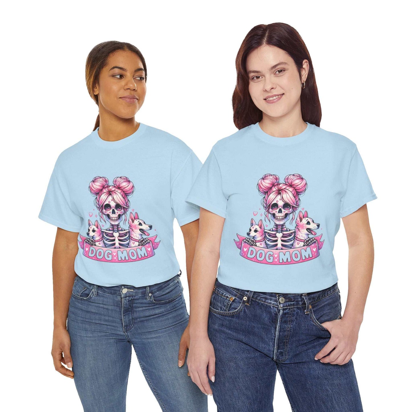 Dog Mom Halloween Shirt featuring a cute skeleton dog design on a light blue unisex tee.