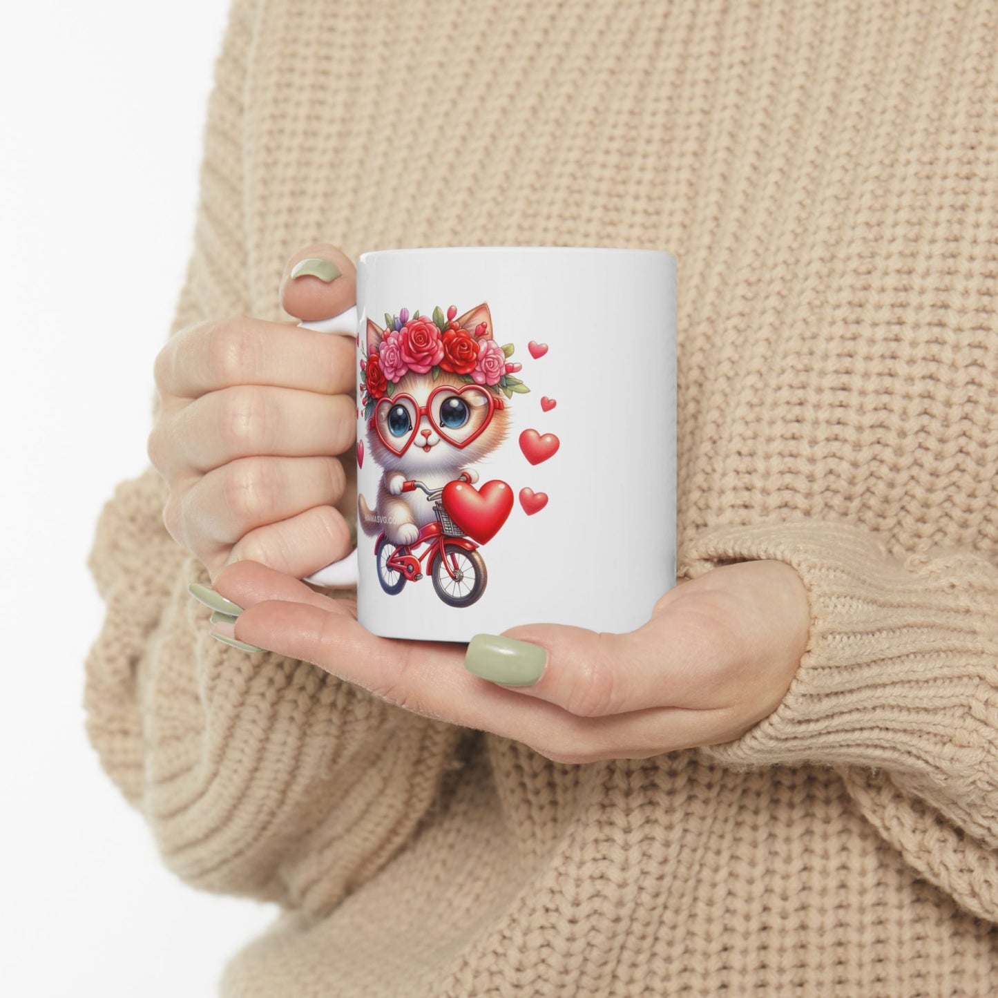 Biker Cat Cycling Hearts Mugs, Valentines Cat Lover Gift