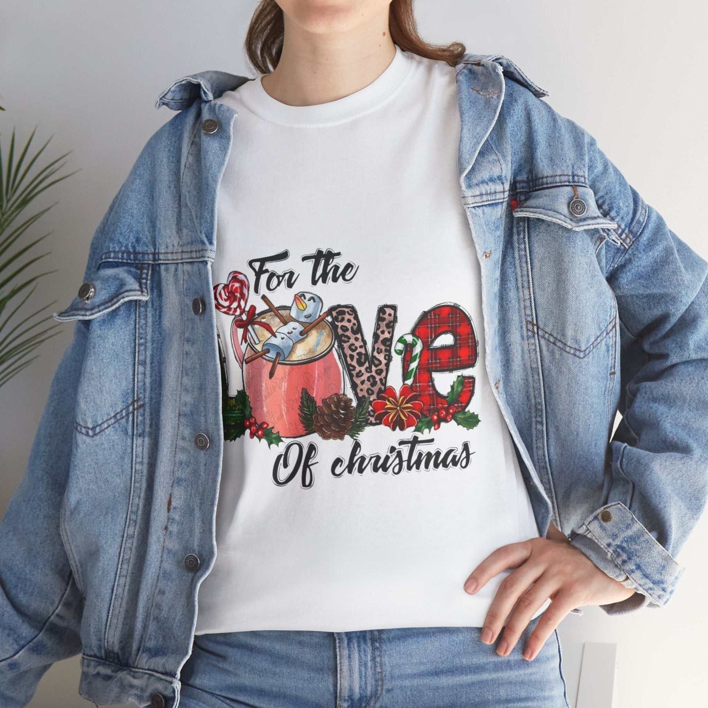 Christmas-themed shirt with festive design, denim jacket, "For The Love Of Christmas" text.