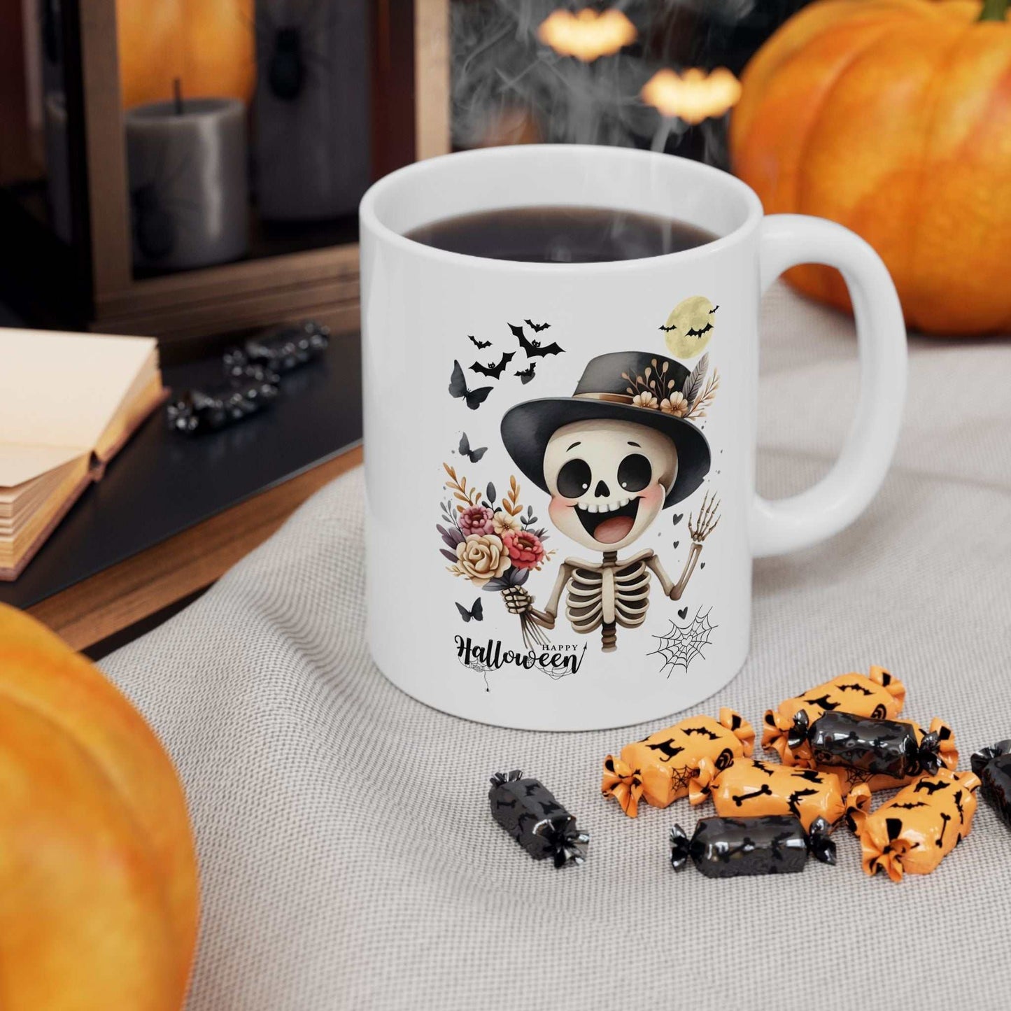Funny Skeleton Kids Halloween Mug with cute design and vibrant colors, 11oz and 15oz ceramic sizes, perfect spooky season gift.
