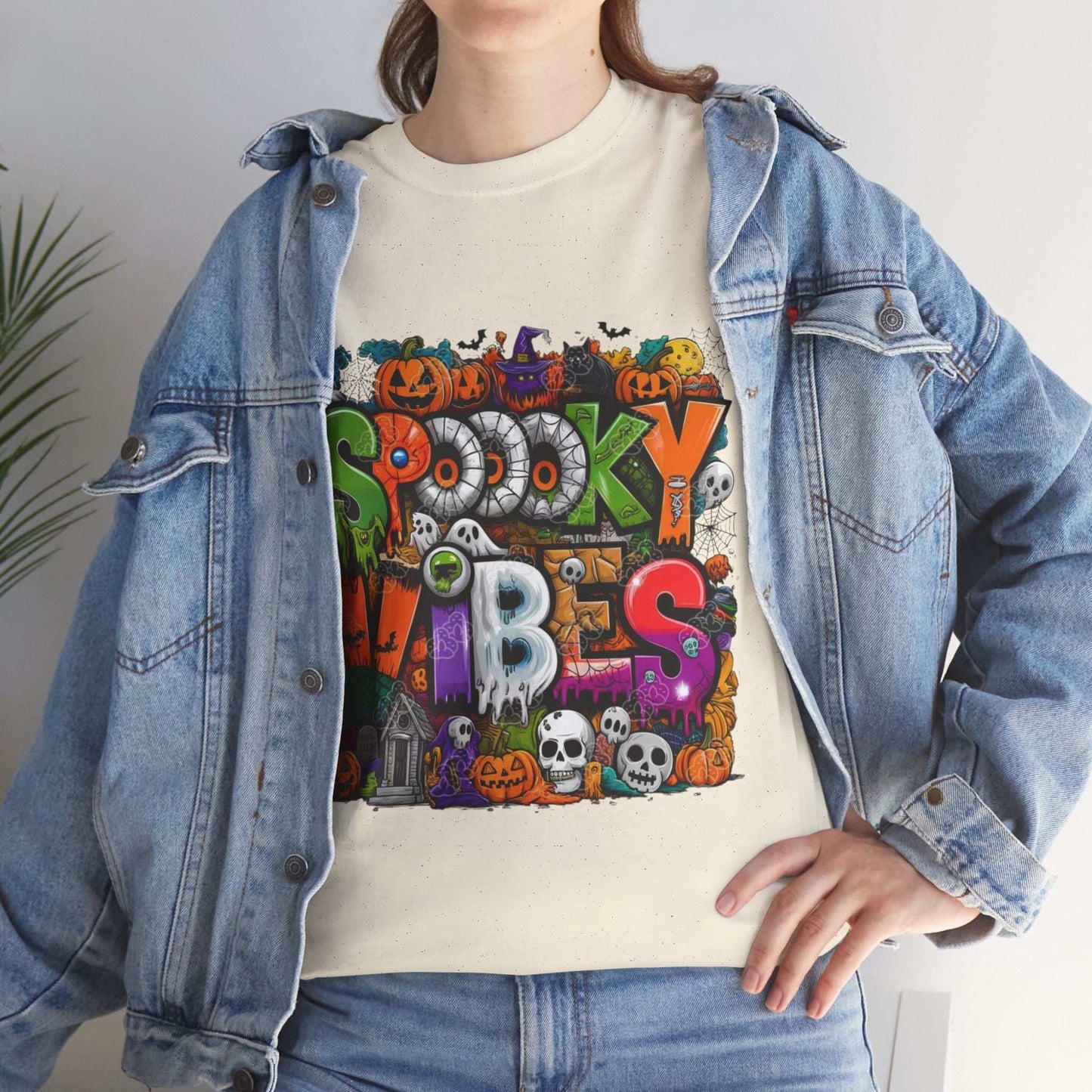Spooky Vibes Unisex Heavy Cotton Tee, Halloween T-Shirt, Ghostly Graphic Gift