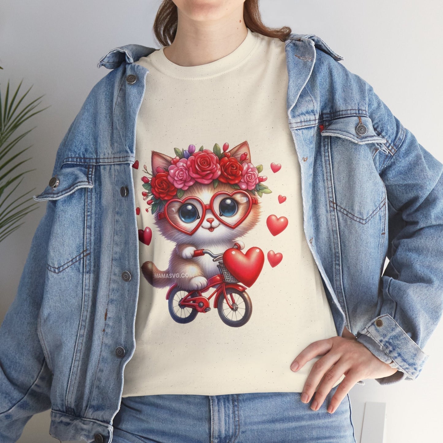 Biker Cat Cycling Hearts T-Shirt - Valentines Cat Lover Gift