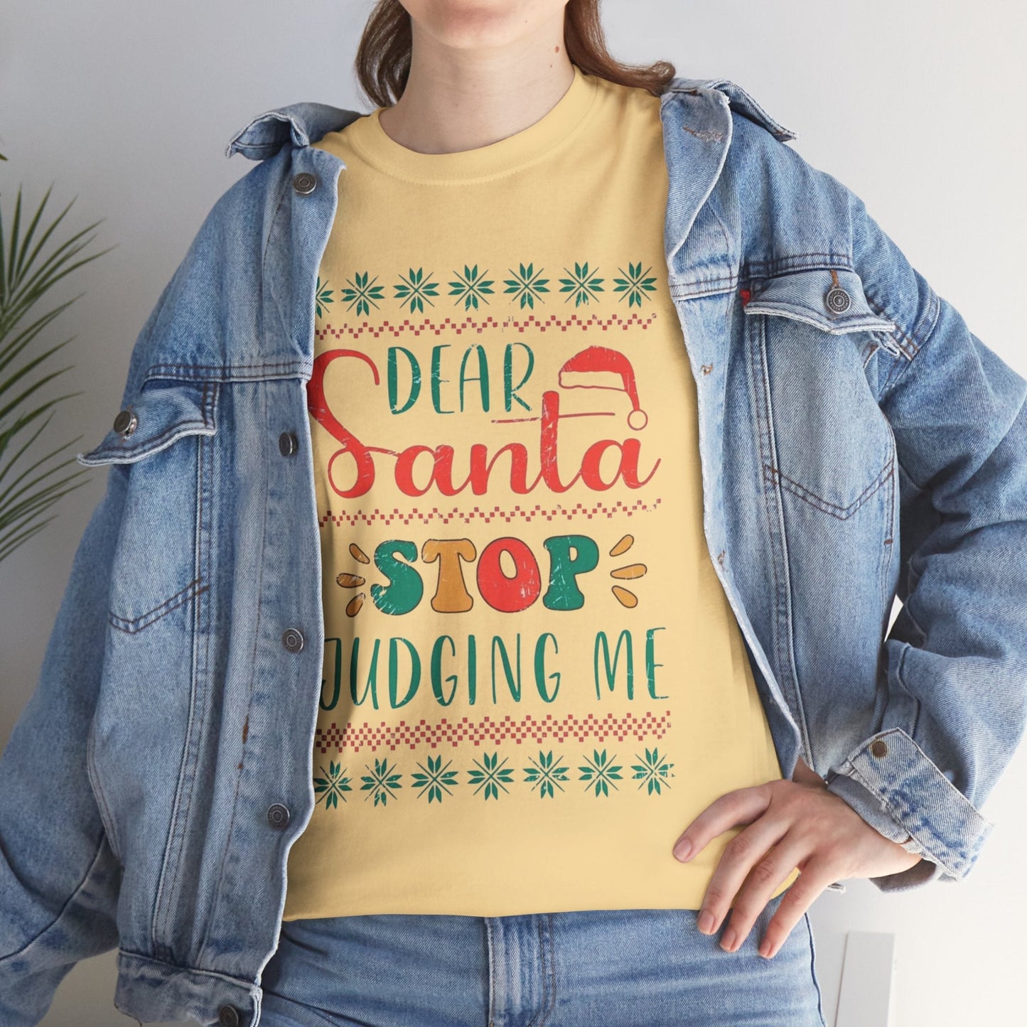 Funny "Dear Santa Stop Judging Me" Christmas shirt with festive holiday design, ideal for parties and gifts.