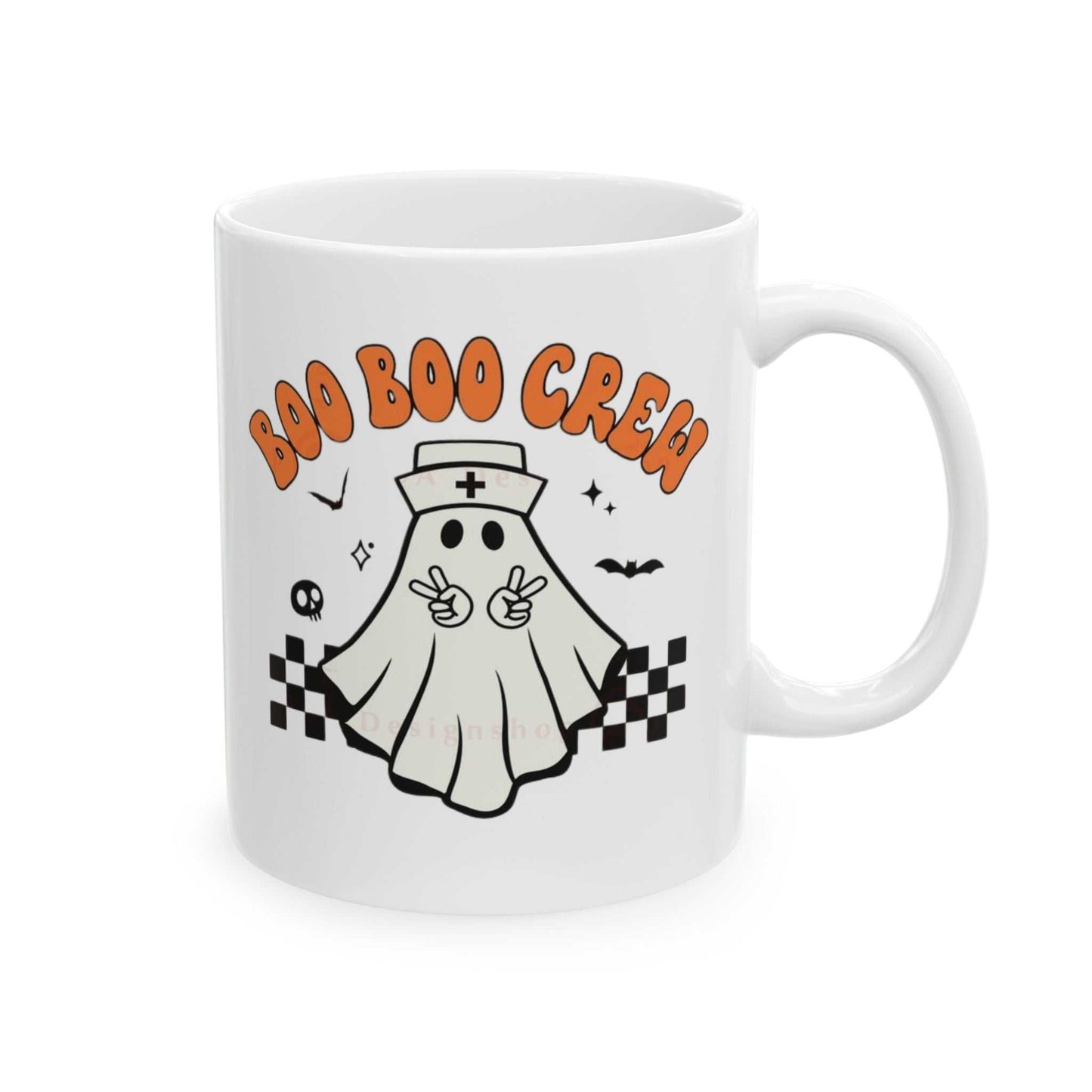Ceramic coffee mug with 'Boo Nurse Crew Halloween' design featuring a ghost nurse, perfect for Halloween gifting.