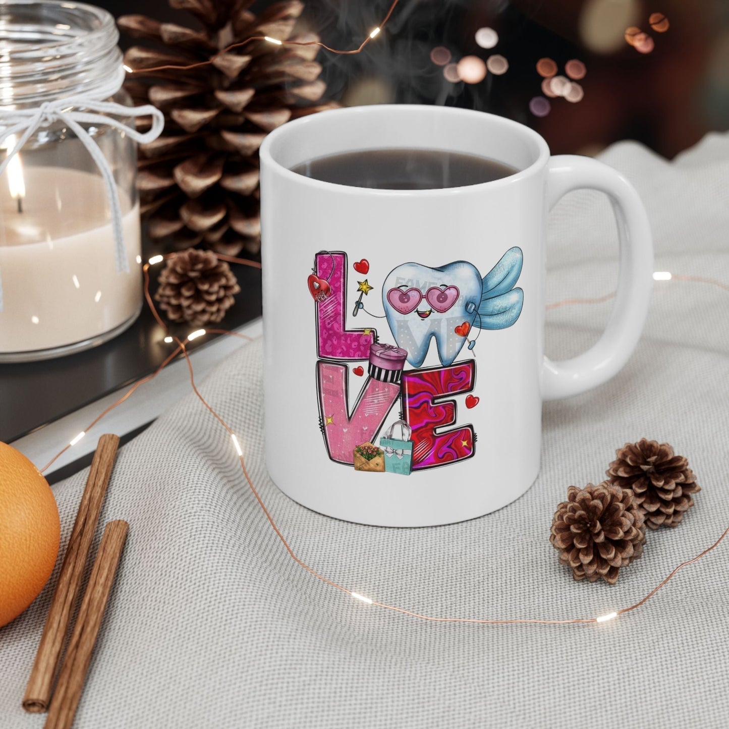 Love Dental Valentine Mug with heart and tooth design, perfect gift for dental hygienists.
