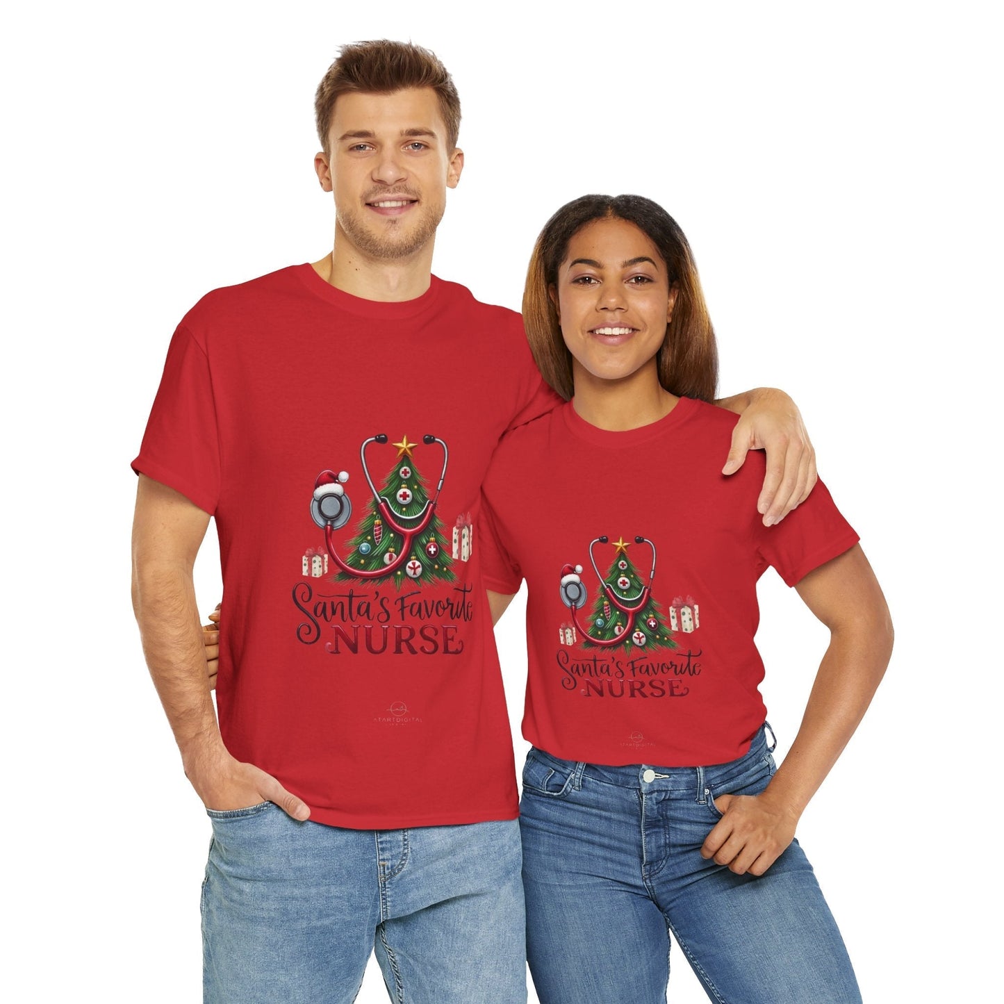 Santas Favorite Nurse Shirt, Christmas gift for nurses, red festive tee with Santa hat and Christmas tree design.