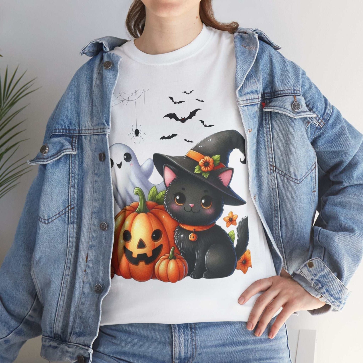 Halloween Cat Kids Shirt with black cat, pumpkin, and ghost design.