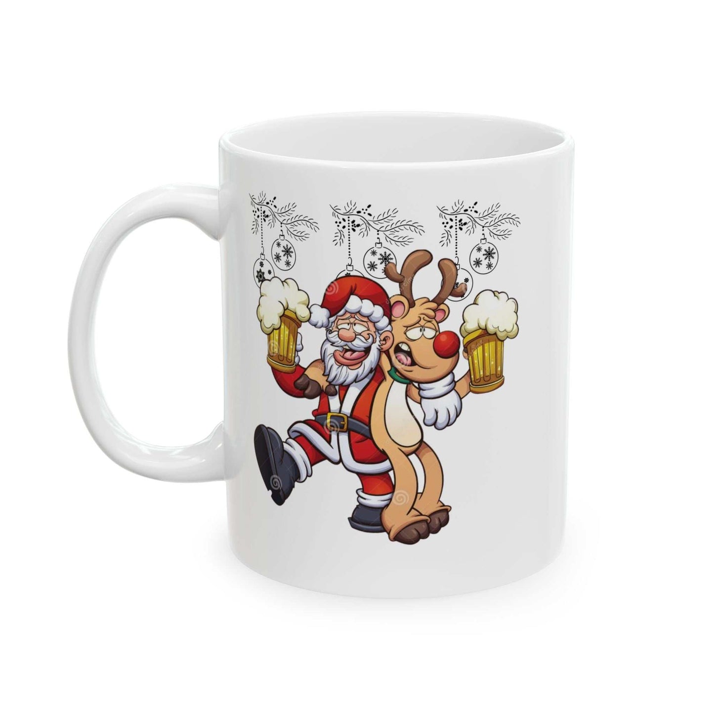 Funny Beer Santa Christmas Mug featuring Santa and Rudolf with beers, festive holiday gift.