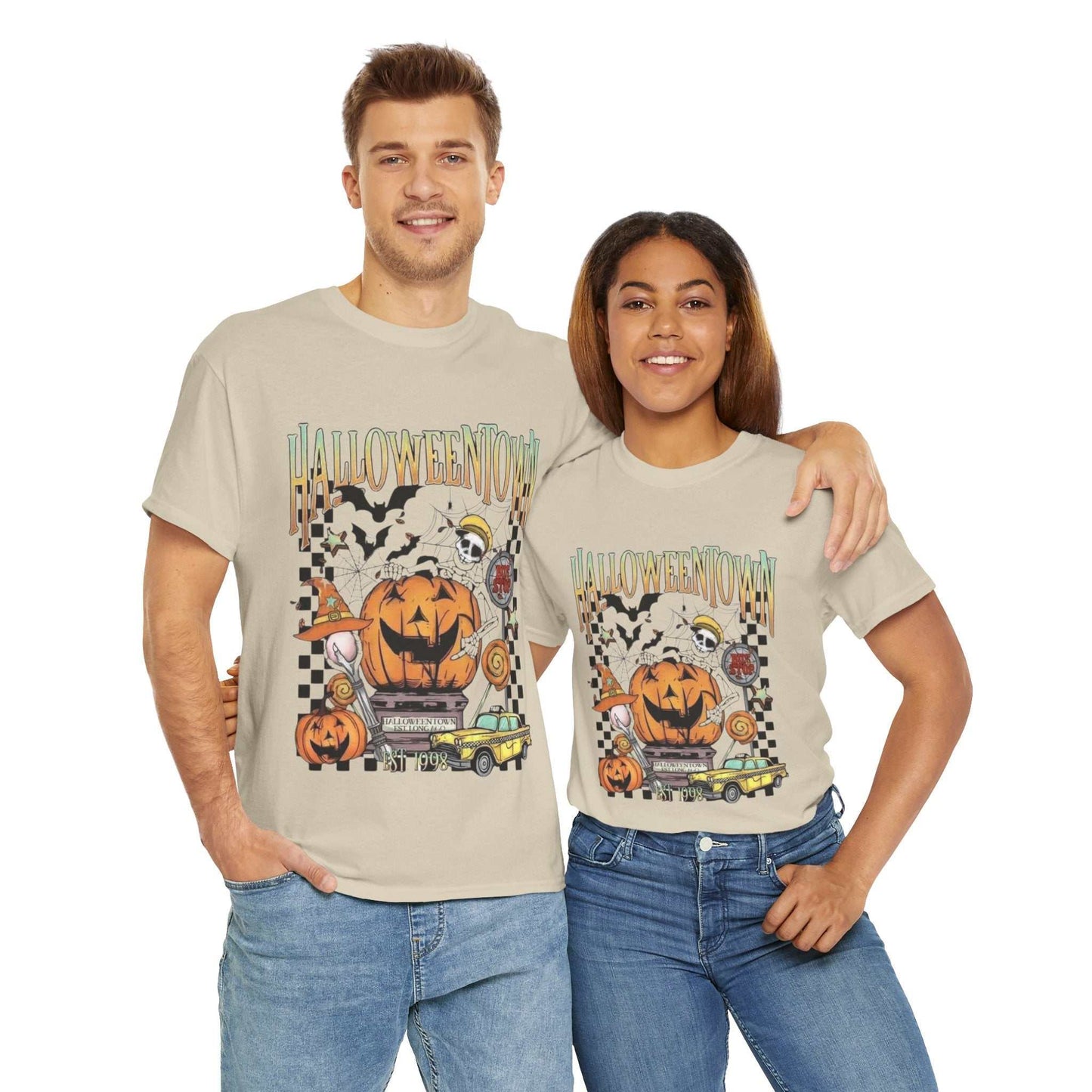 Retro Halloweentown Shirt with pumpkin and ghost design worn by two people, perfect for spooky season and Halloween festivities.