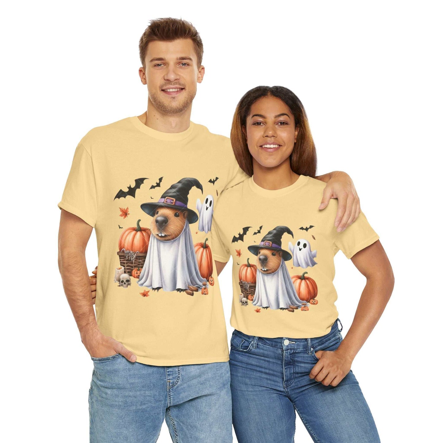 Halloween Capybara Shirt featuring a capybara in a spooky costume with pumpkins and ghosts, worn by a man and woman.