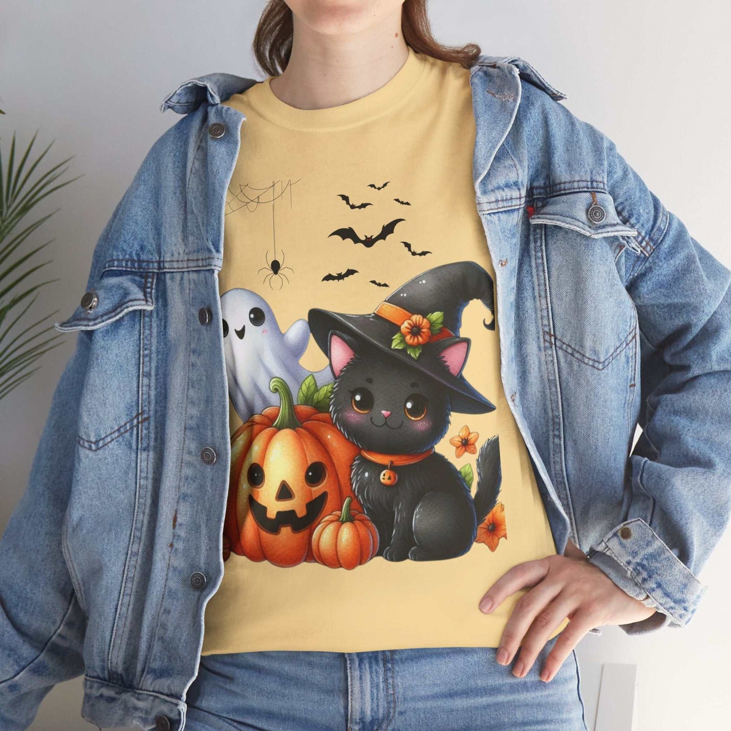 Halloween Cat Kids Shirt with black cat, pumpkins, ghost, and bats perfect for spooky season.