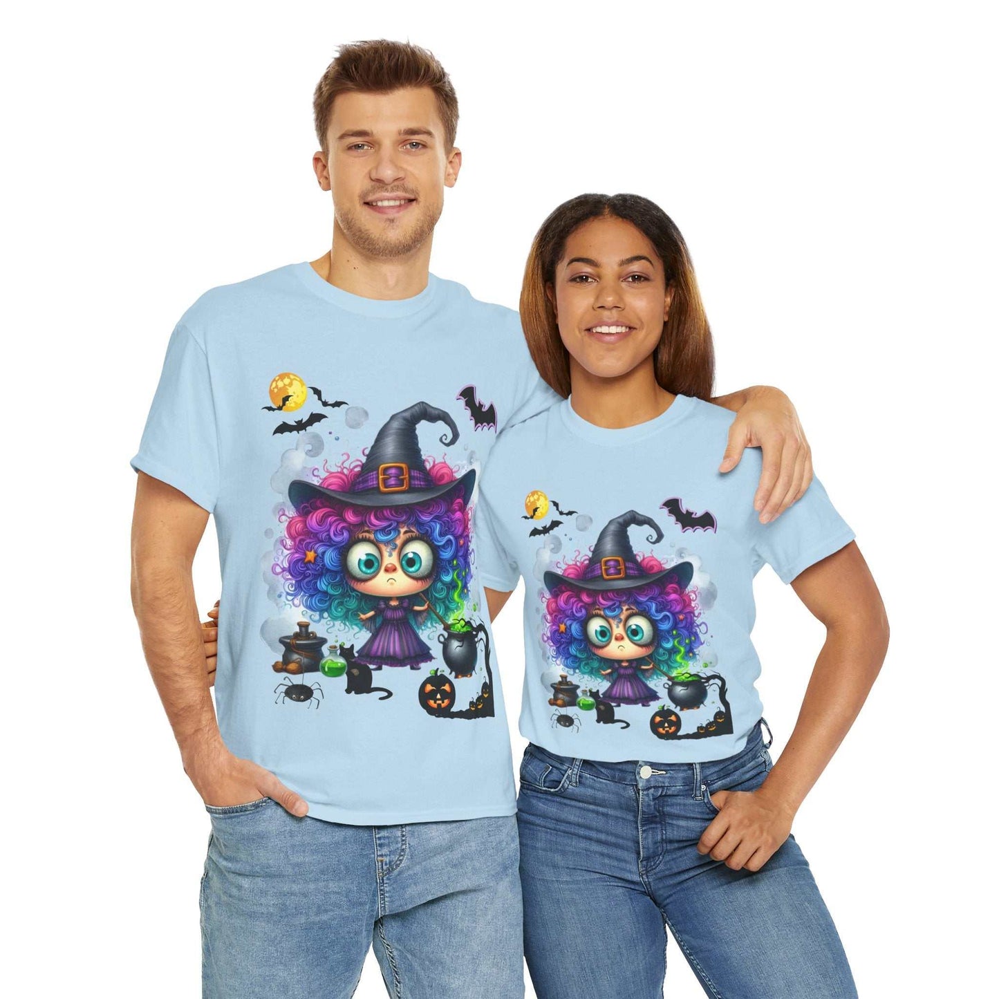 Halloween Girl Shirt featuring a colorful girl ghost in a witch hat with Halloween elements, worn by two smiling people.