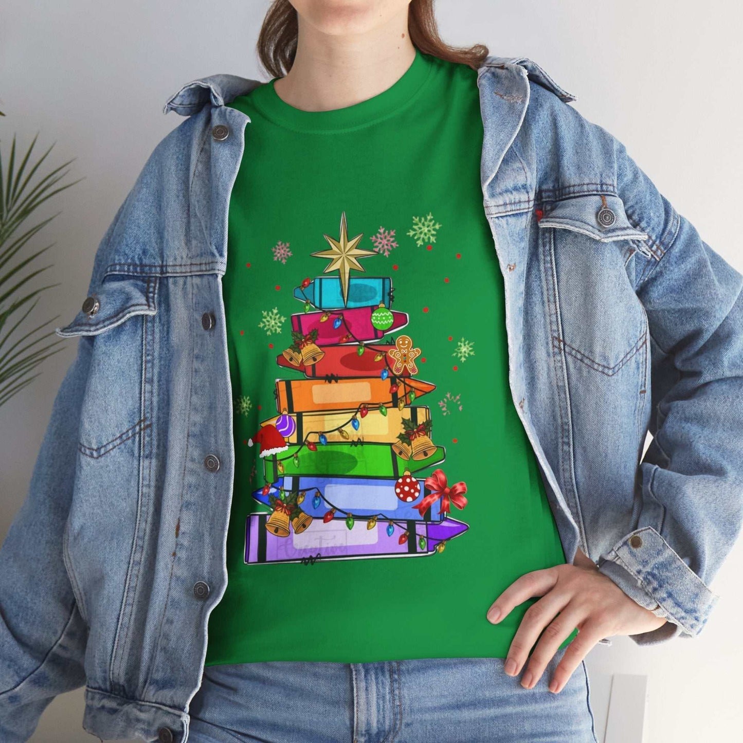 Crayons Christmas Tree T-Shirt with colorful crayon tree design, perfect teacher team gift.