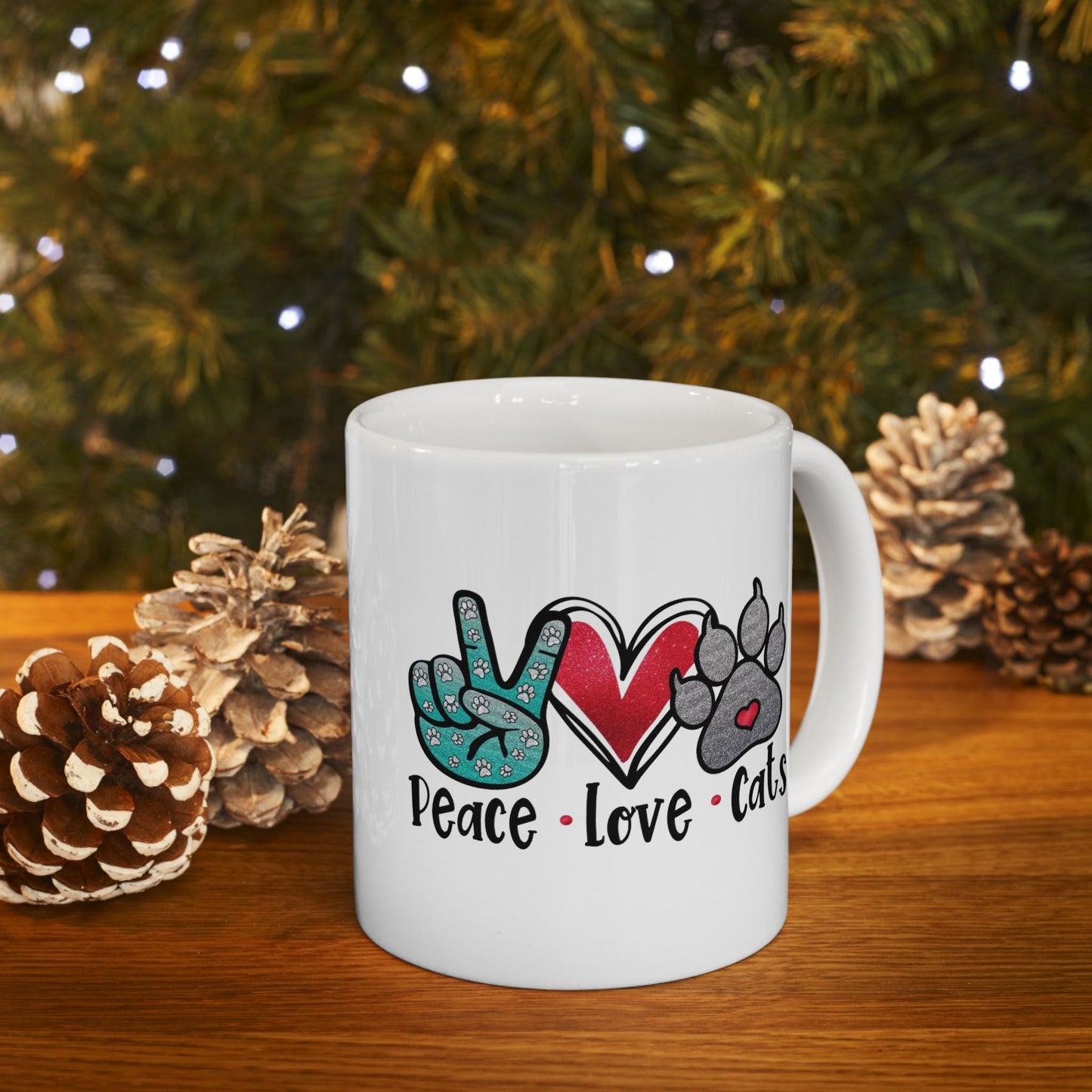 Cute Cat Lover Ceramic Mug - Peace & Paws Design (11oz, 15oz)