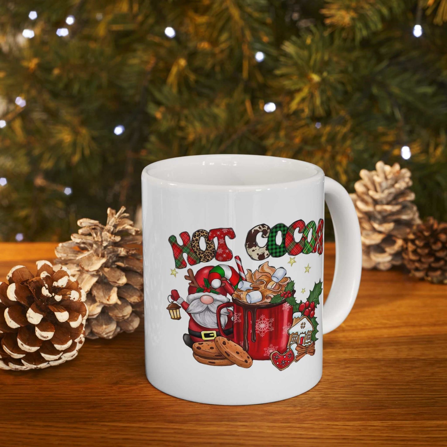 Hot cocoa Christmas movies mug with gnome design, perfect Christmas gift.
