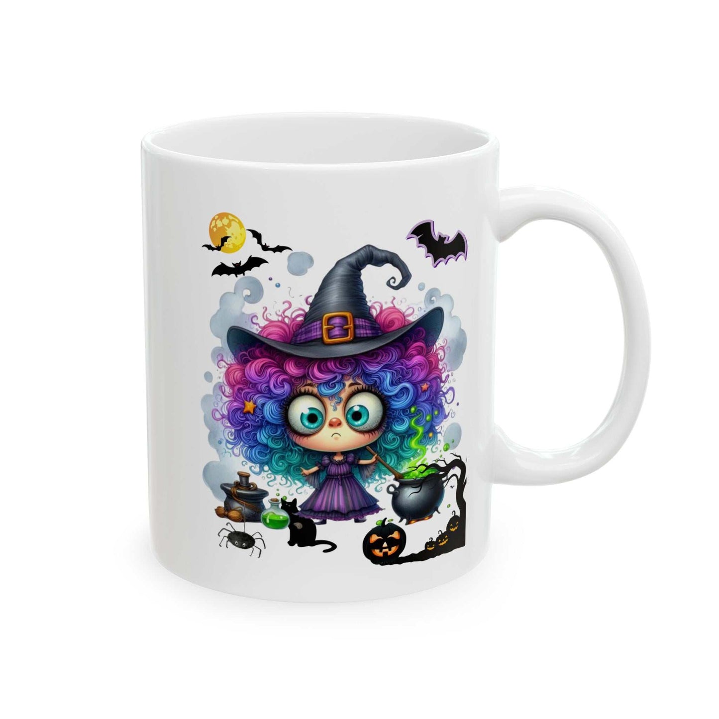 Ceramic coffee mug featuring a colorful Halloween girl witch design, perfect for spooky season.