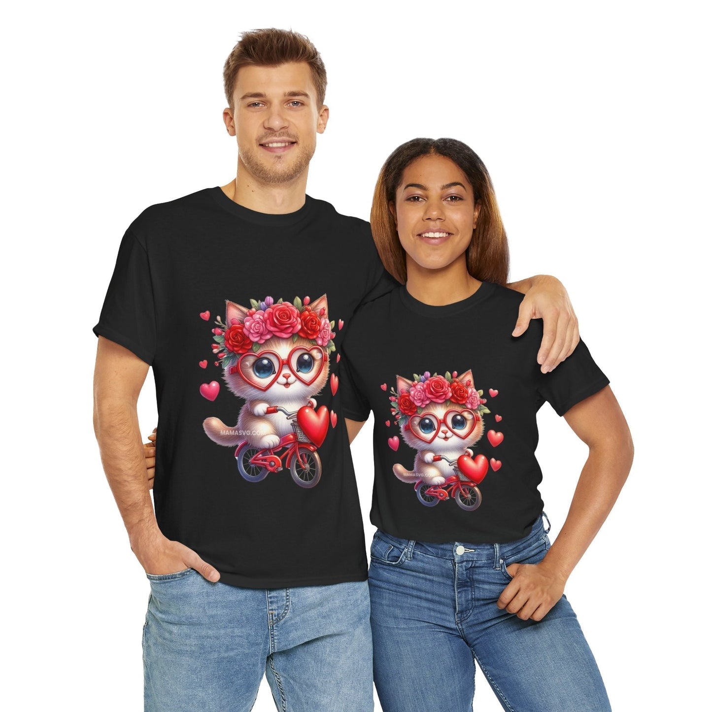 Biker Cat Cycling Hearts T-Shirt - Valentines Cat Lover Gift