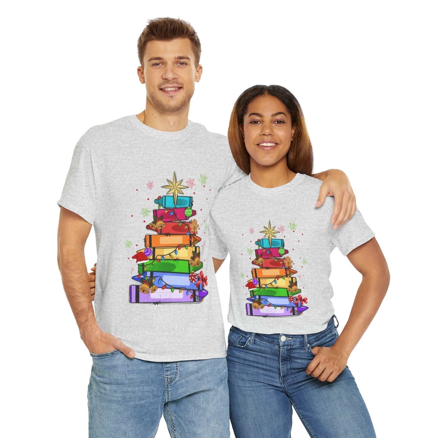 Festive Crayons Christmas Tree T-shirt for teachers, perfect holiday gift.