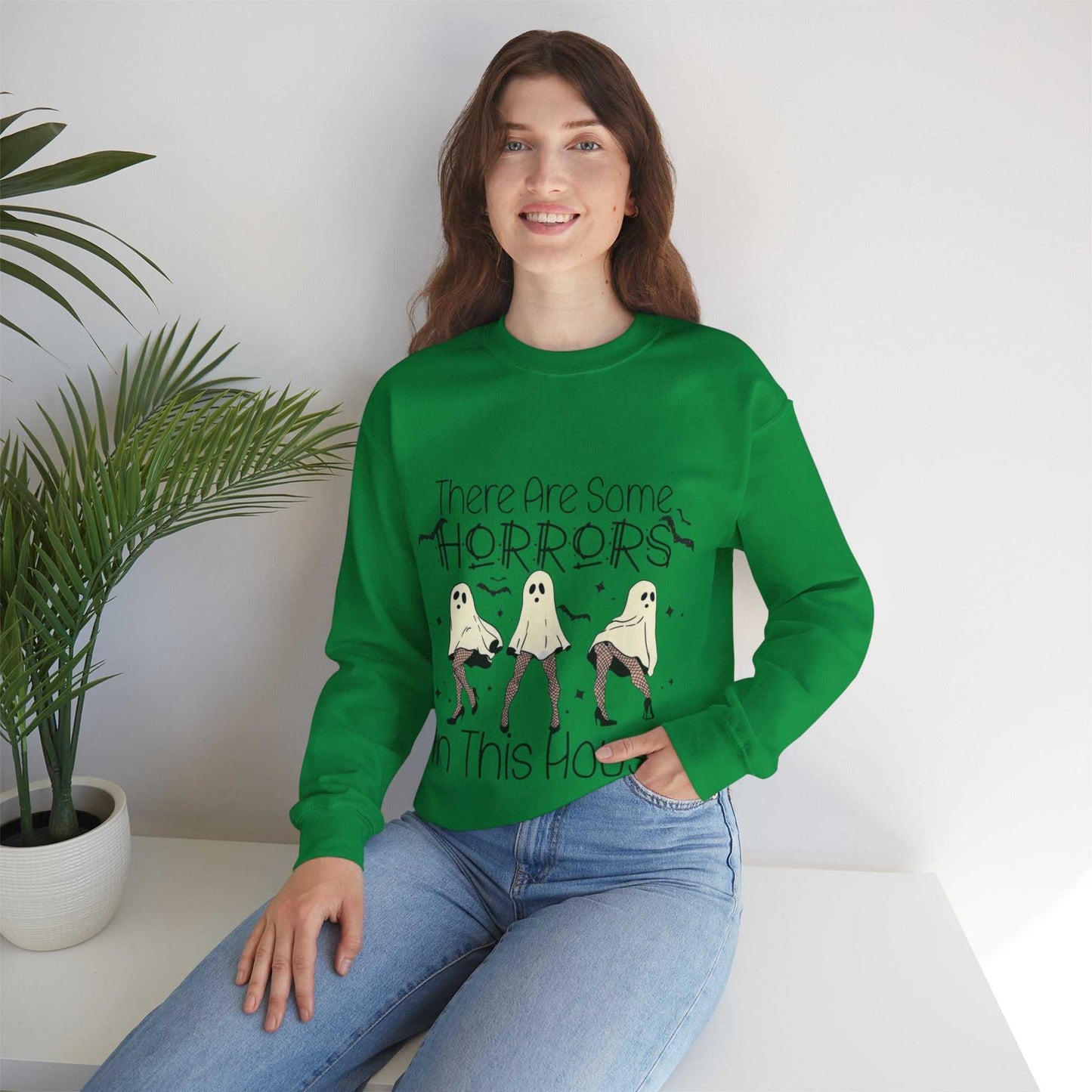 Funny Halloween Sweatshirt with ghost and horror theme design, unisex crewneck.