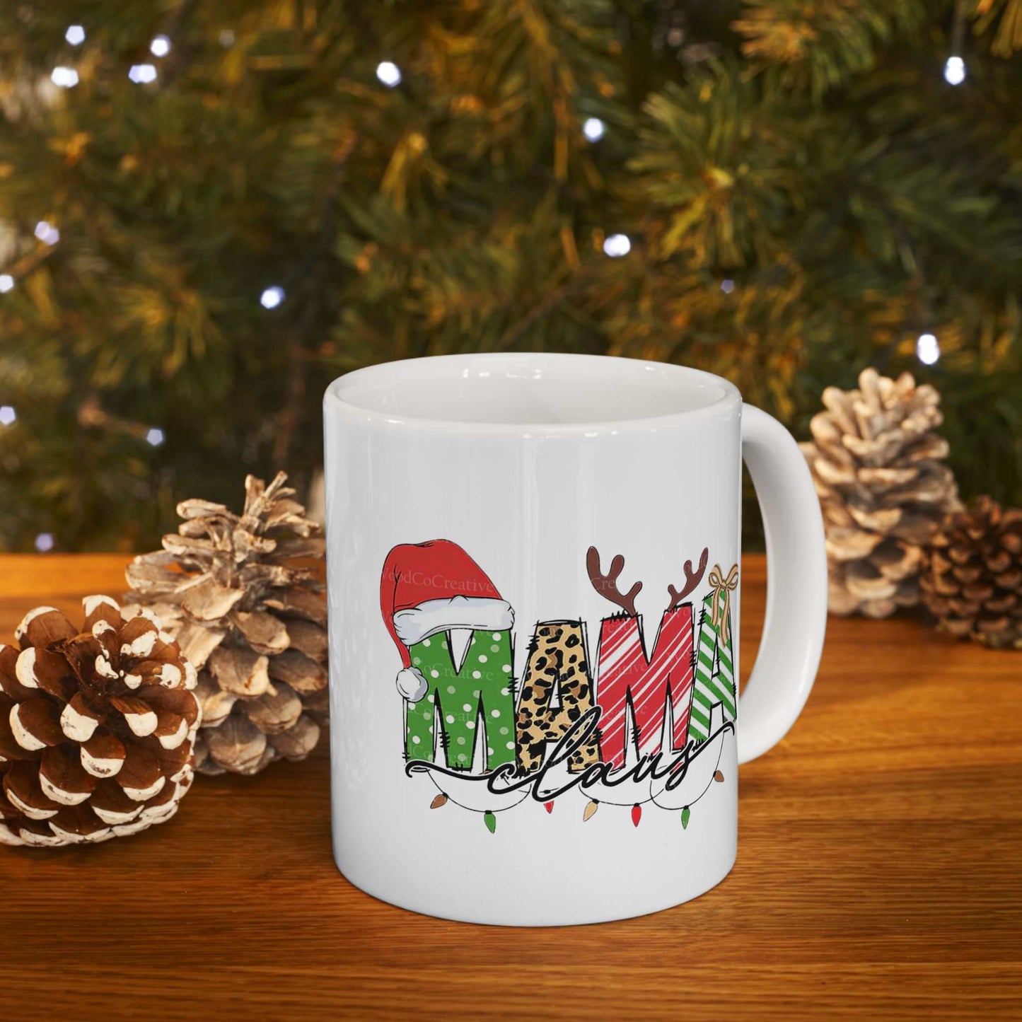 Mama Claus holiday mug with festive design and Christmas lights, perfect for warm drinks and holiday cheer.