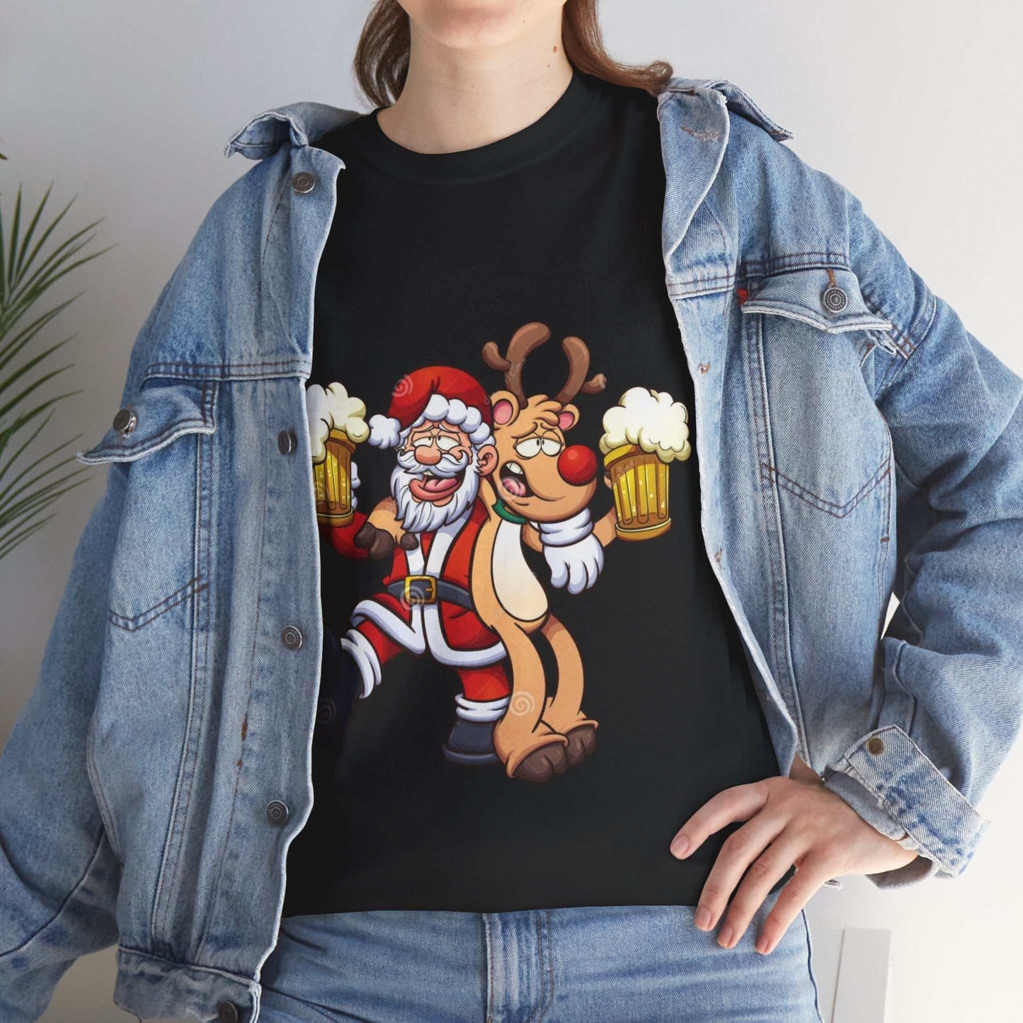 Funny Beer Santa Christmas Shirt with Santa and Rudolf holding beer mugs, perfect festive gift.