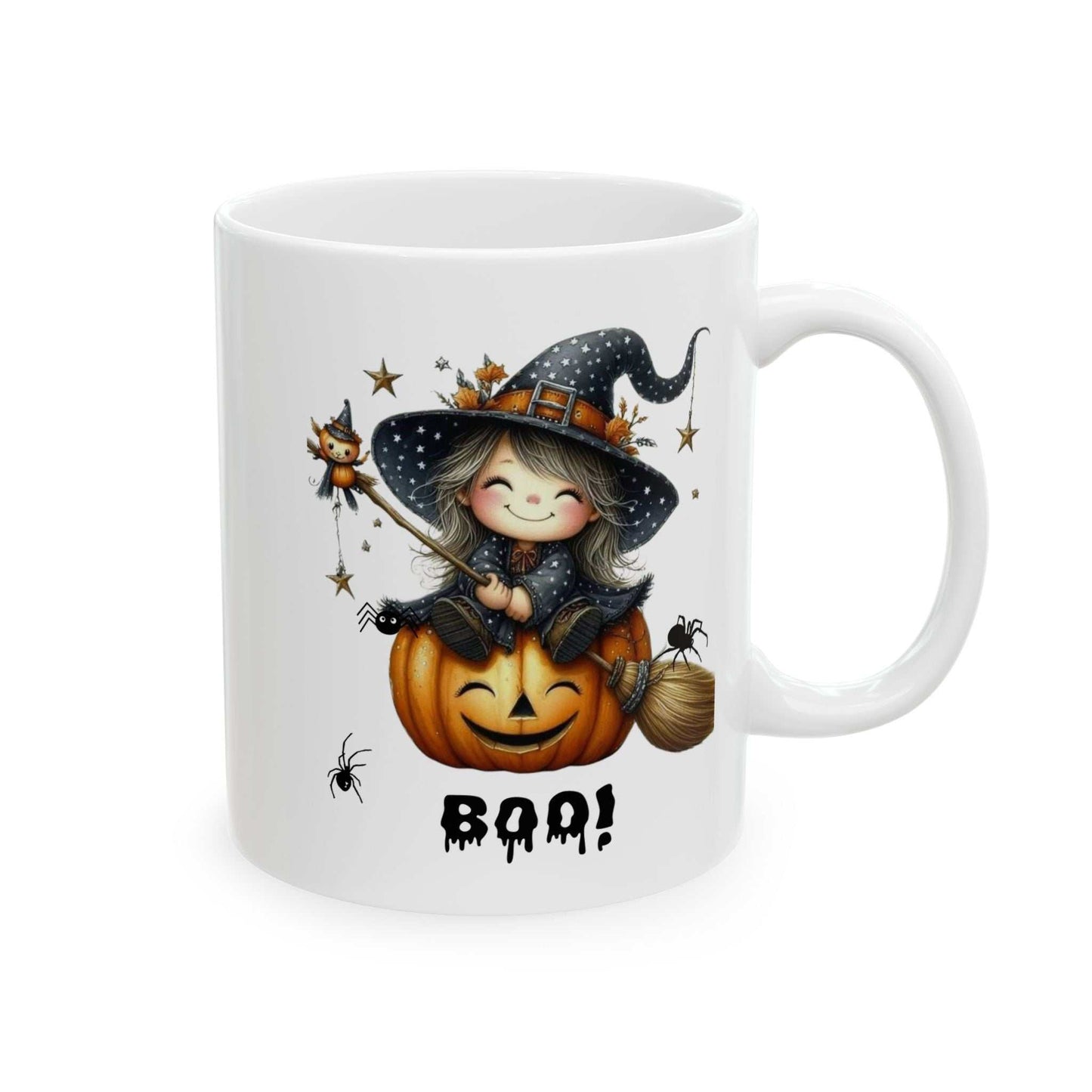 Halloween girl ghost mug with cute witch design and pumpkin, featuring "Boo!" text, perfect for warm drinks.