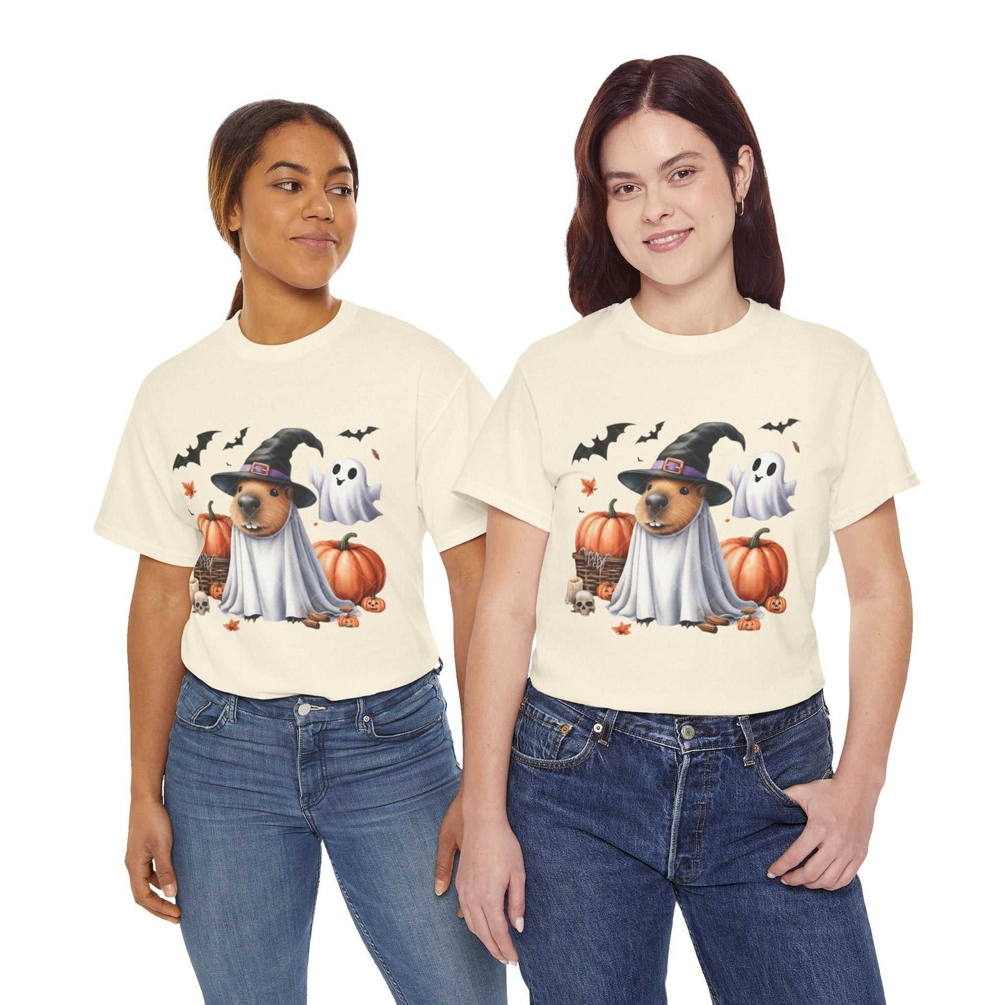 Halloween Capybara Shirt featuring spooky capybara in ghost costume with pumpkins and bats, perfect for Halloween.