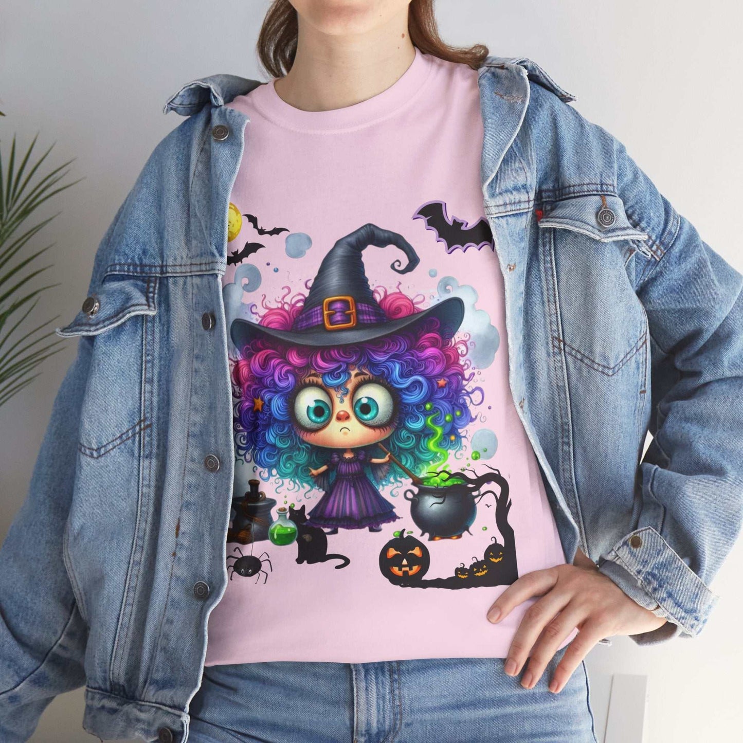 Halloween-themed girl ghost shirt with colorful witch design, perfect for kids.