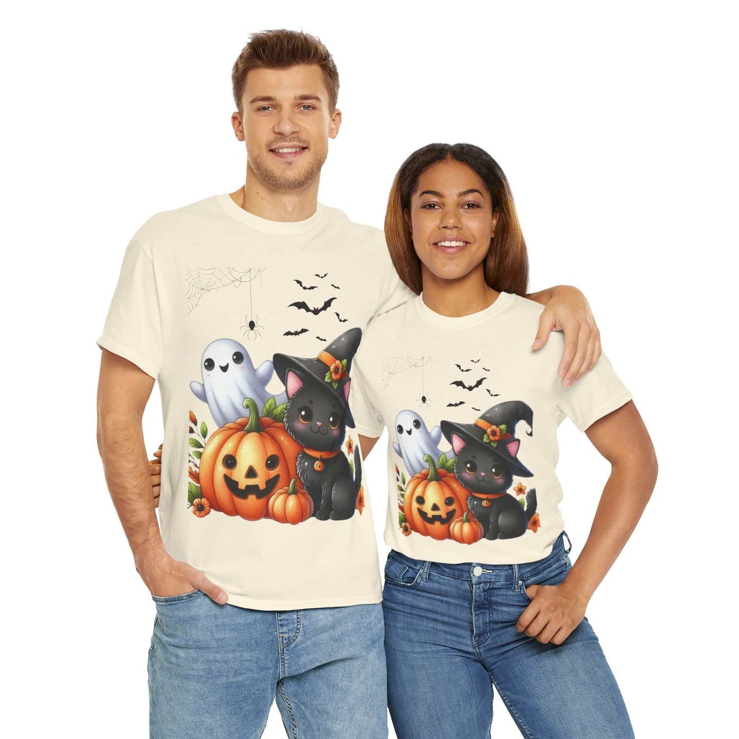 Halloween Cat Kids Shirt featuring black cat and pumpkin design, perfect for Halloween and cat lovers.