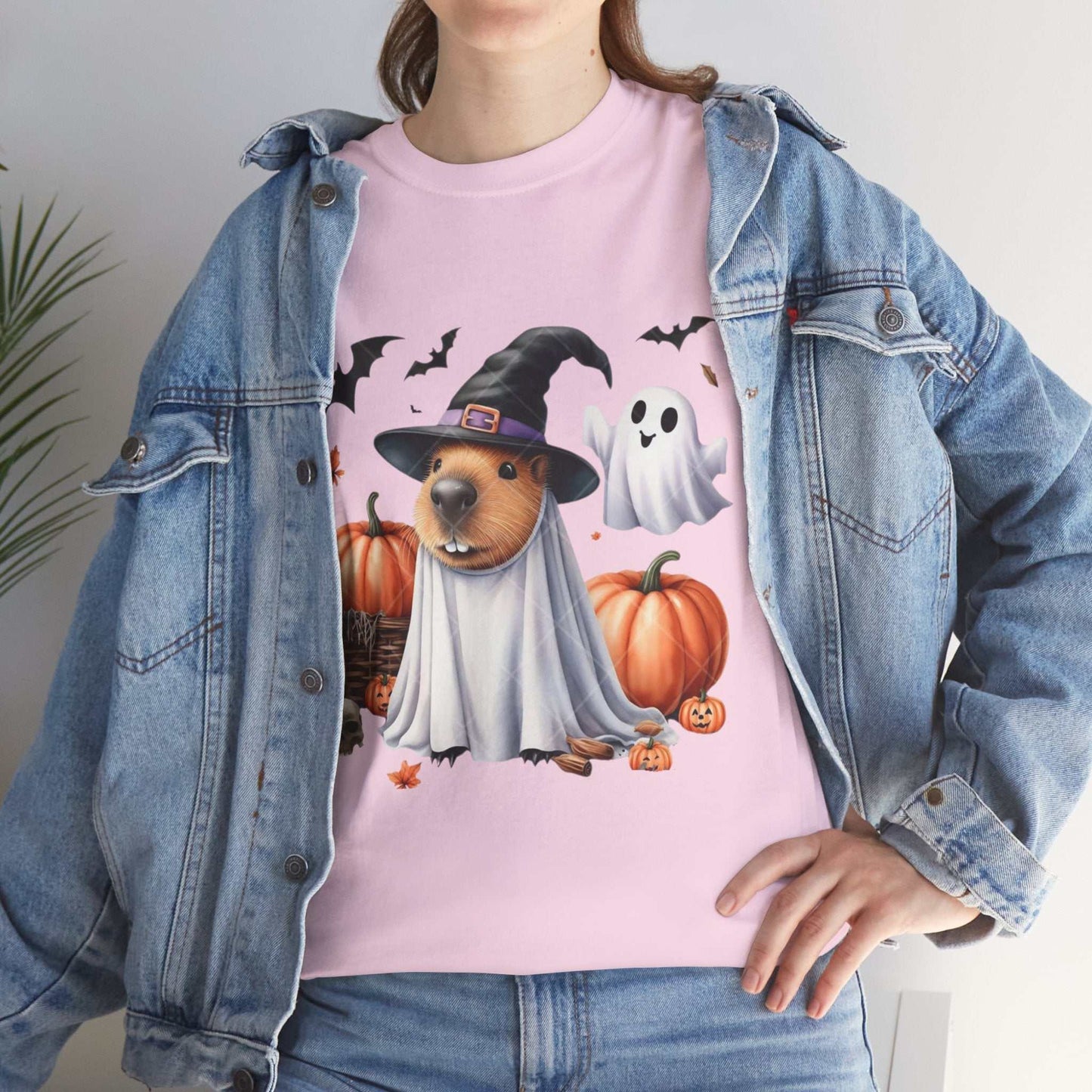Halloween Capybara Shirt with spooky capybara, pumpkins, and ghost design.