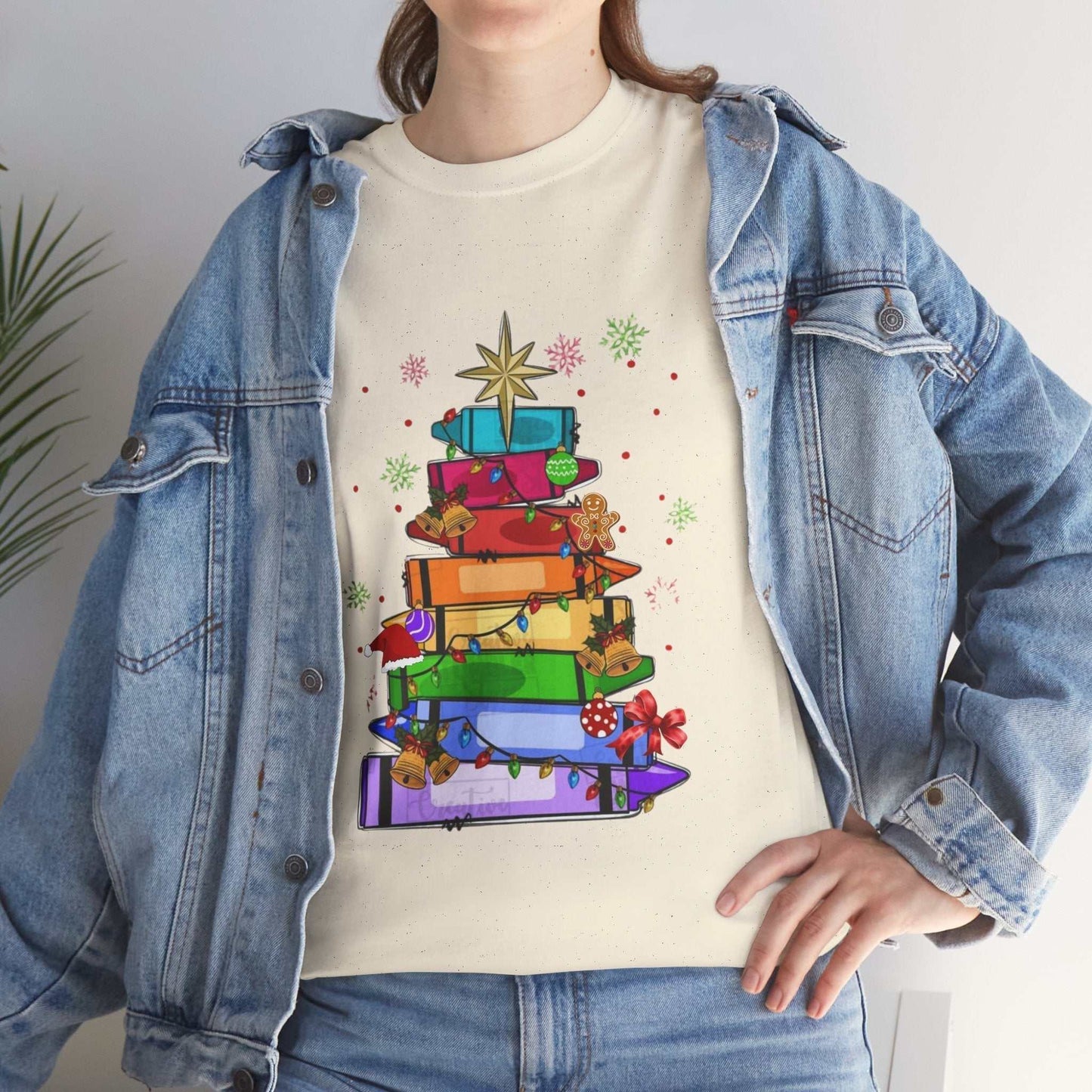 Festive Crayons Christmas Tree T-shirt for teachers, featuring a colorful crayon tree design, perfect teacher gift.