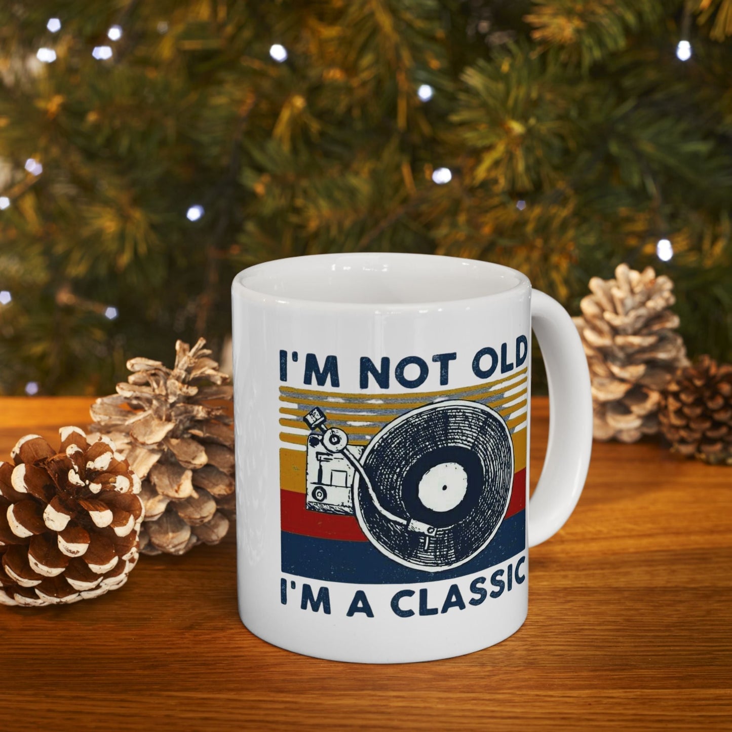Vintage-inspired ceramic mug with "I'm Not Old, I'm A Classic" design, 11oz and 15oz sizes, perfect for cozy tea or coffee moments.