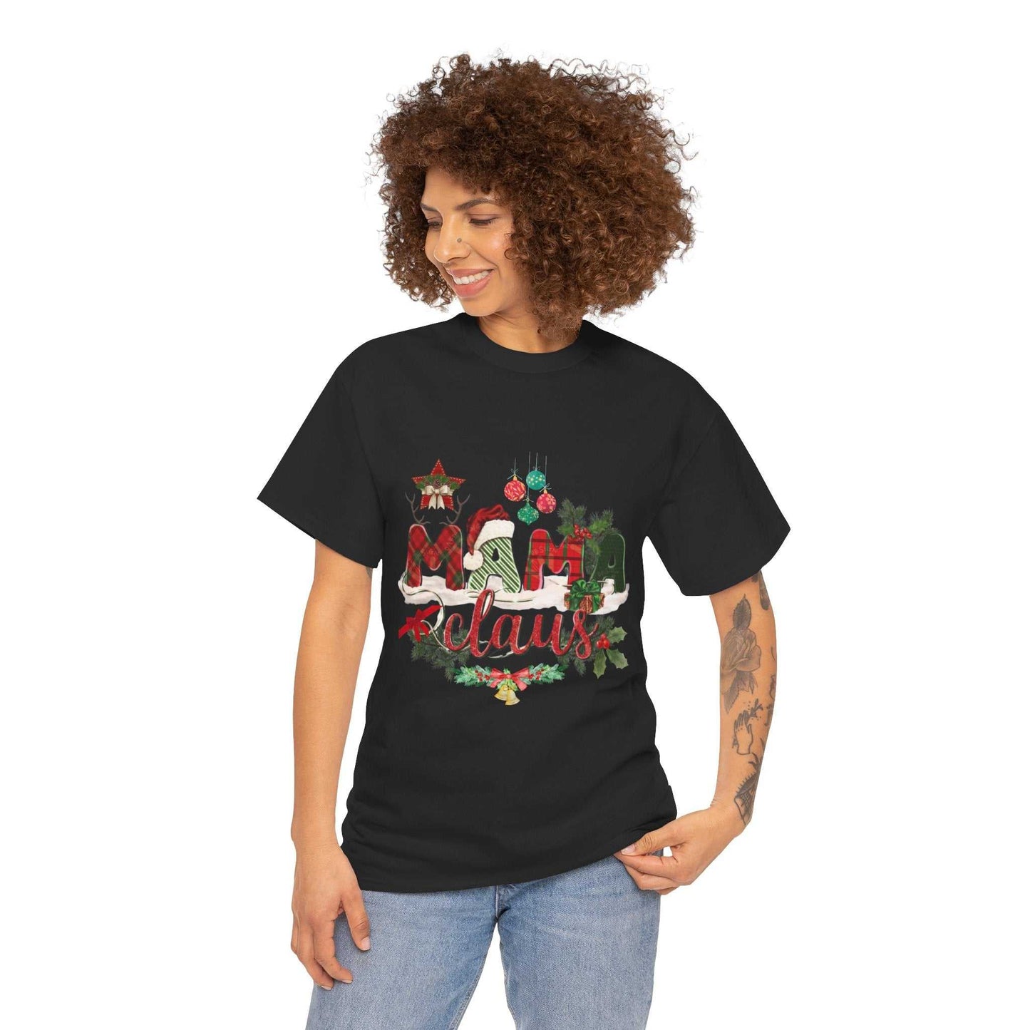 Mama Claus Christmas Shirt worn by a woman, festive holiday design, ideal gift for moms.