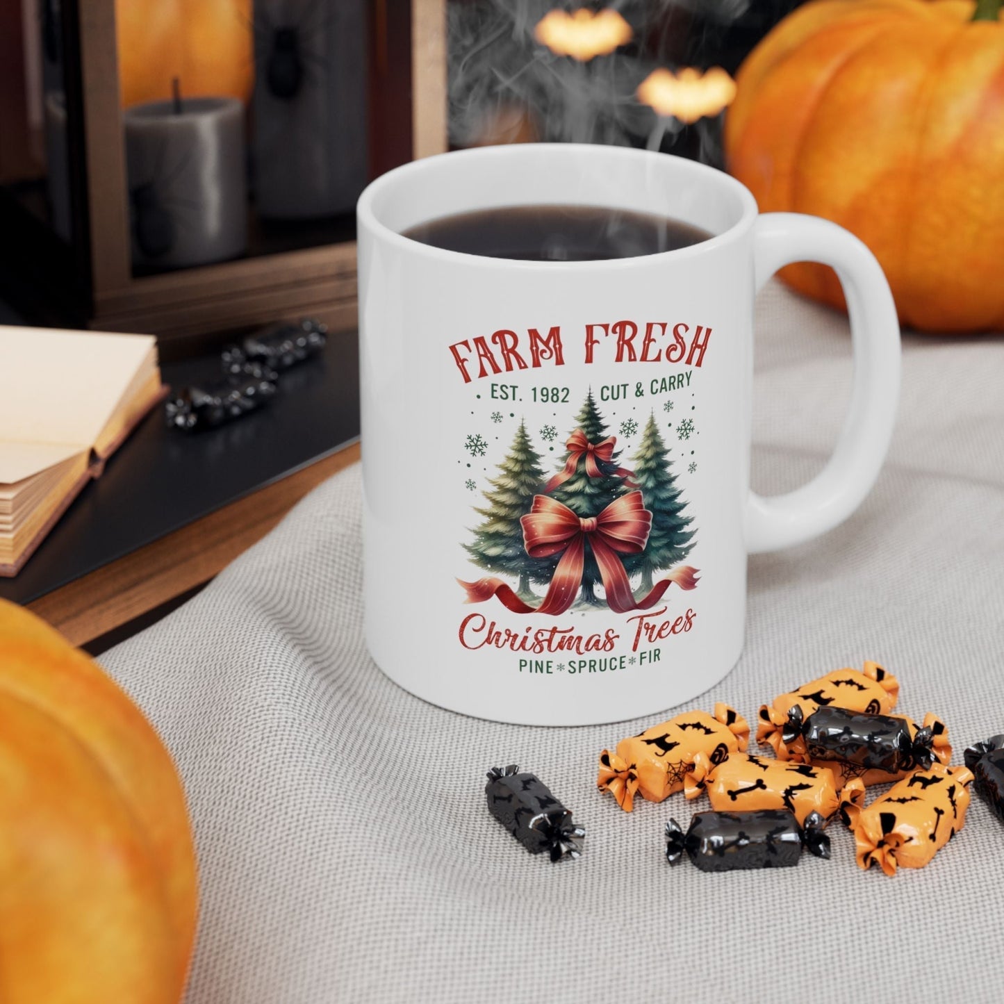 Farm Fresh Christmas Trees Mug with festive design and holiday decorations.