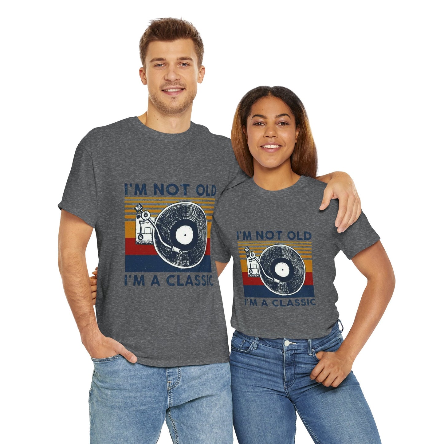 Retro Vinyl Record Unisex Heavy Cotton Tee with "I'm Not Old, I'm A Classic" message, perfect for music lovers and retro enthusiasts.