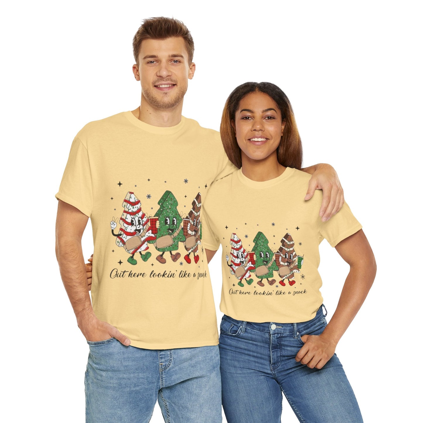 Festive Christmas-themed "Out Here Looking Like a Snack" shirt with cartoon design, perfect for holiday parties.