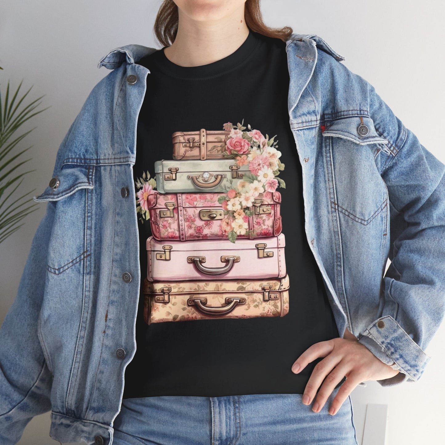 Vintage Floral Suitcase Tee - Unisex Heavy Cotton Tee