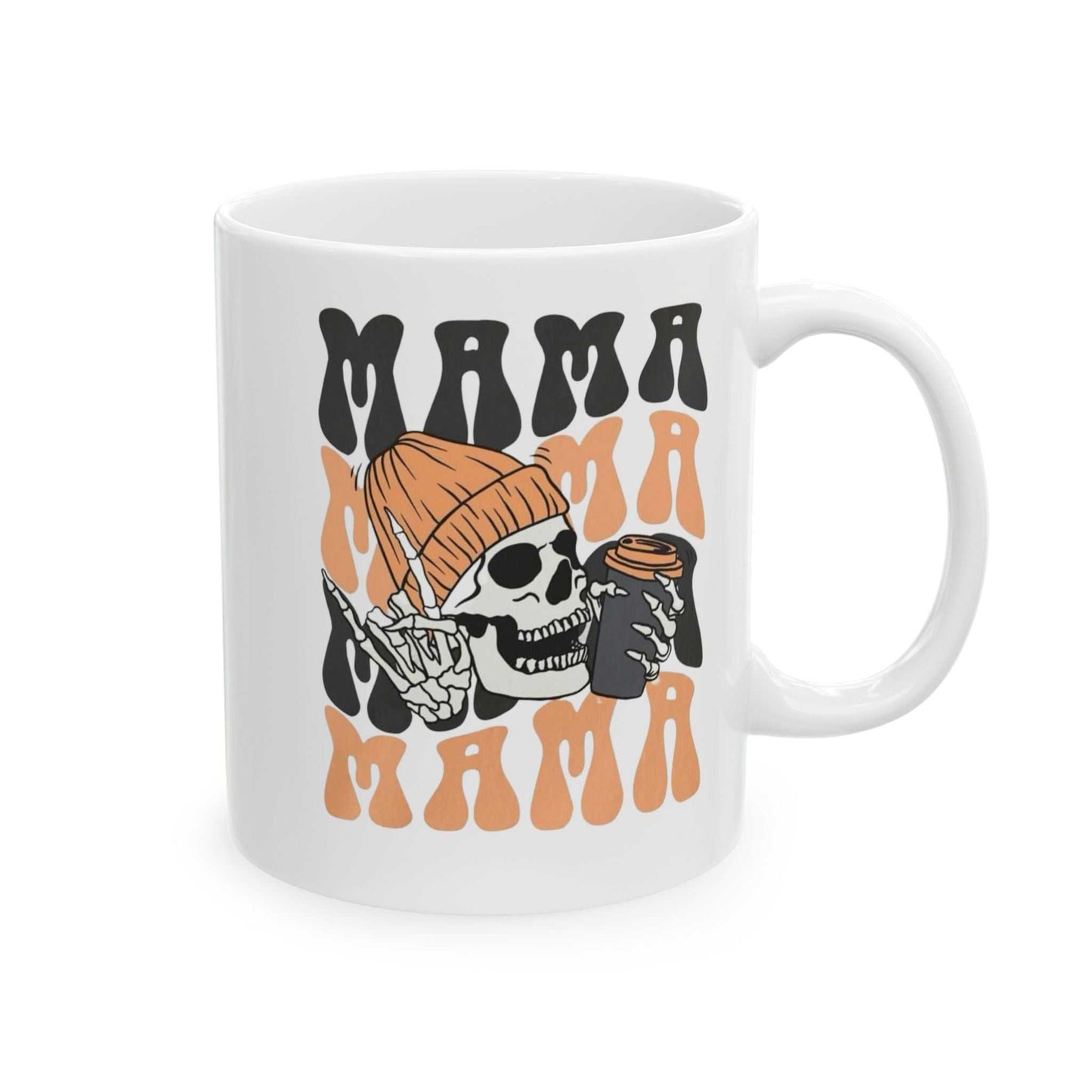 Mama Coffee Halloween mug with skeleton design, perfect for coffee lovers.