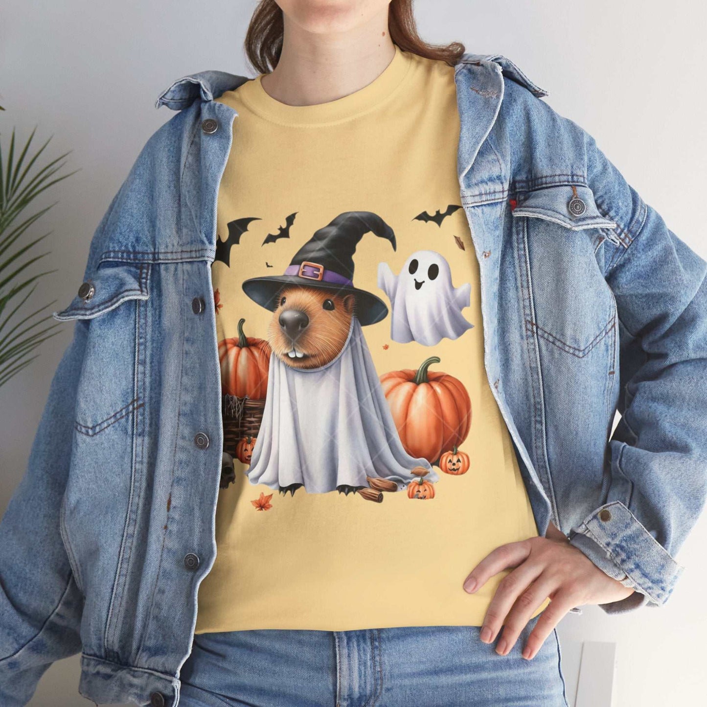 Halloween Capybara Shirt with spooky capybara, pumpkins, and ghost design.