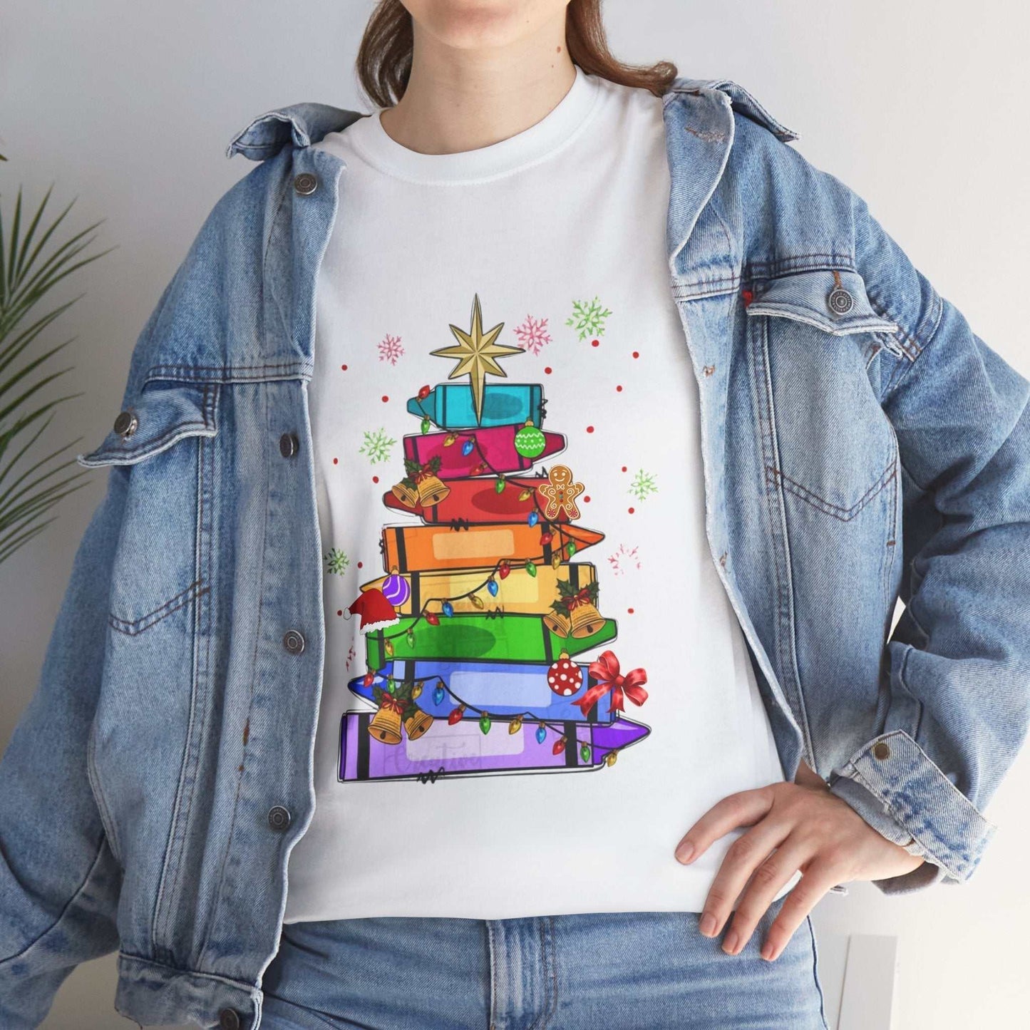 Crayons Christmas Tree T-Shirt with festive crayon tree design for teachers.