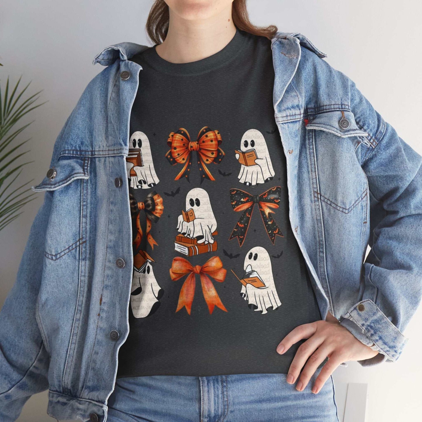 Book Ghost Halloween Shirt with ghost and bow designs, unisex heavy cotton tee.
