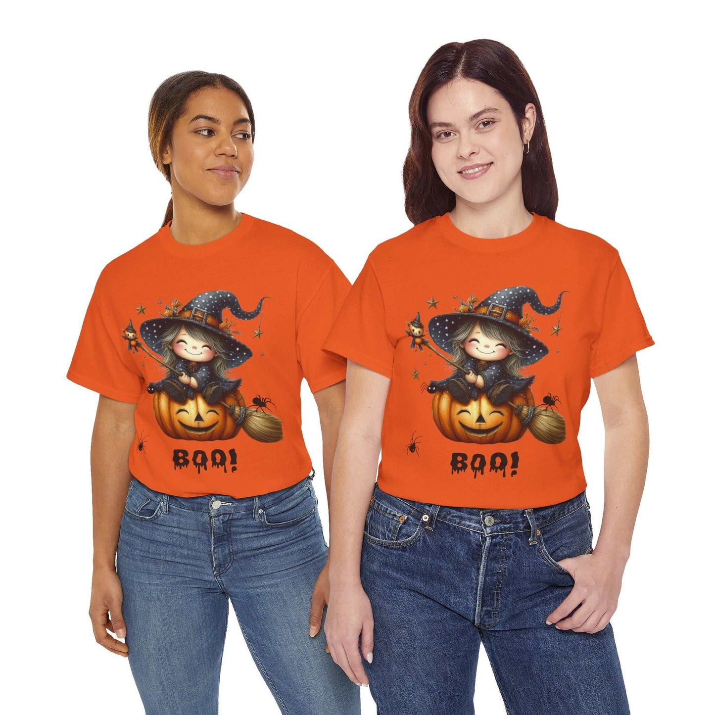 Women wearing Halloween girl ghost shirts with cute pumpkin and witch design.